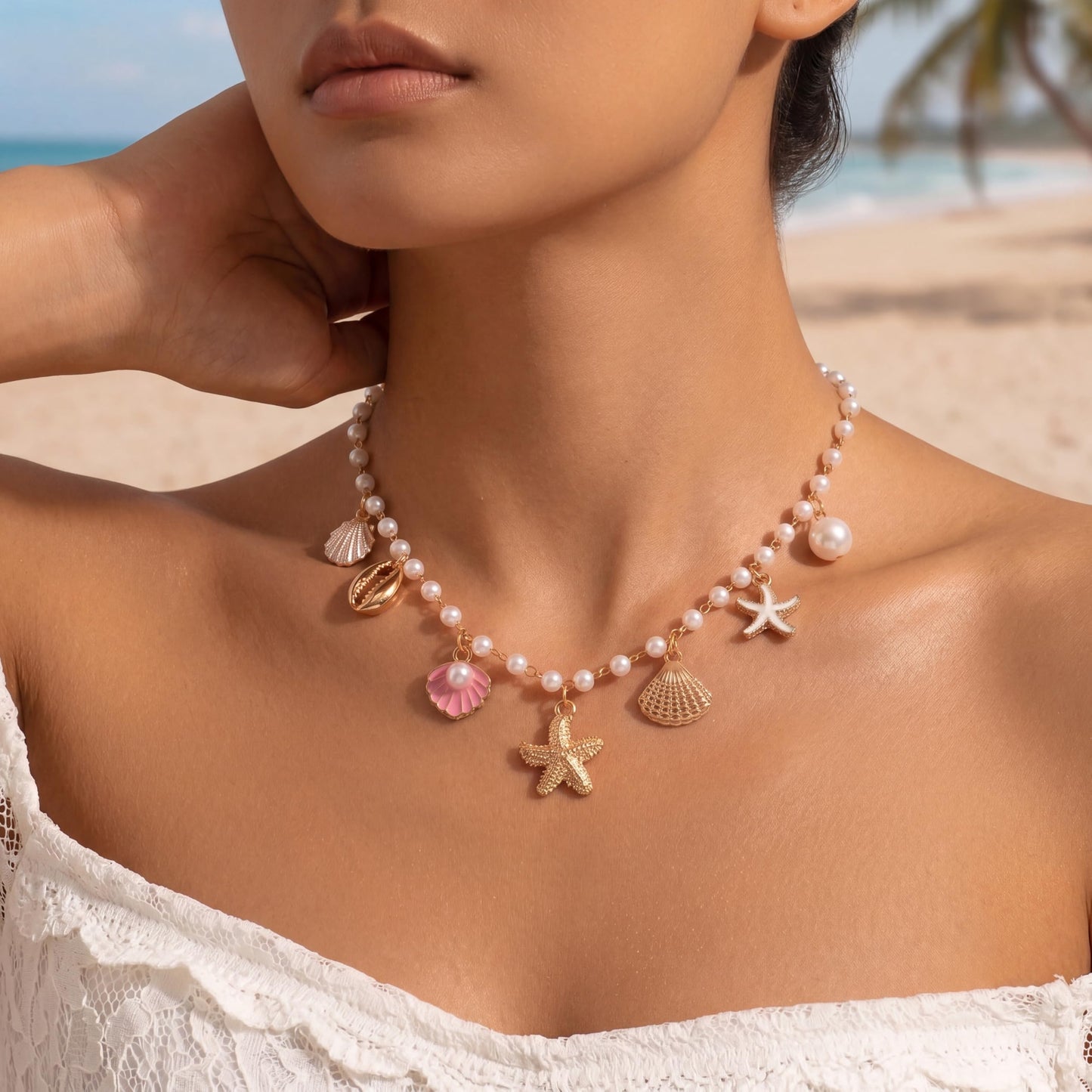 Shell Starfish Necklace for Women, 14k Gold Plated Boho Layered Beaded Charm Pendant Necklace, Dainty Adjustable Pearl Conch Summer Beach Vacation Jewelry Gifts(Pink Shell)