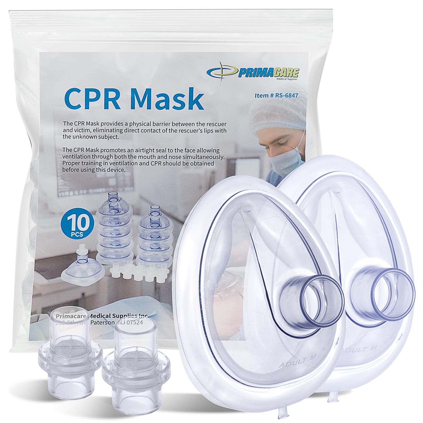 Primacare RS-6847 CPR Rescue Masks, Pack of 10 – FDA Approved CPR Masks with One-Way Valves for Emergency Response, First Aid Kits, CPR Training & Rescue Breathing – Universal Adult Size