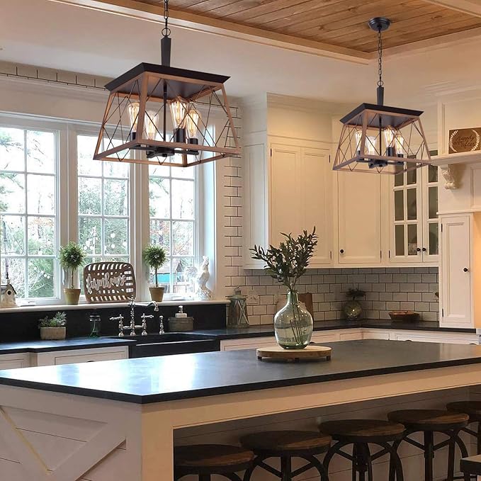 Q&S Farmhouse Rustic Chandeliers,Antique Geometric Industrial Hanging Light Bronze 4 Lights for Dining Room Kitchen Island Entryway Foyer Restaurant UL Listed