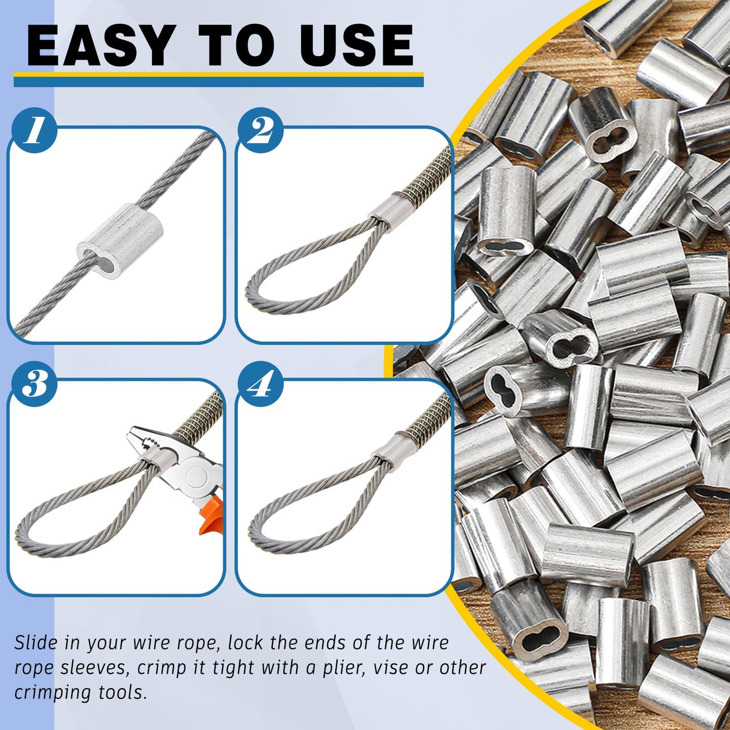 Yaocom 1000 Pcs 1/16" Aluminum Crimping Loop Sleeve Cable Crimp Ferrules Wire Rope Sleeves for Diameter Wire Rope and Cable Line Ends
