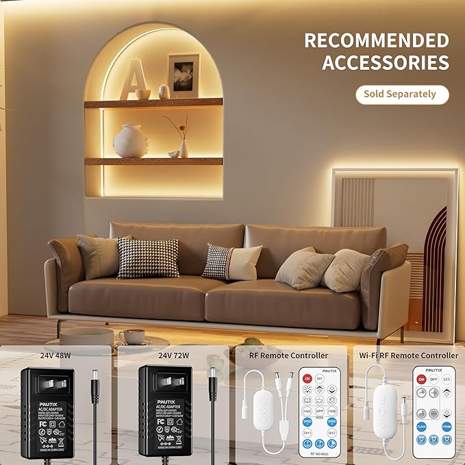 PAUTIX COB LED Strip Light 20ft/6.1m 3087LEDs Warm White 2000K CRI90+ High Lumen,DC24V Flexible LED Tape for Cabinet Home DIY Lighting Projects with 1pcs COB Connector Wire(Power Supply Not Included)