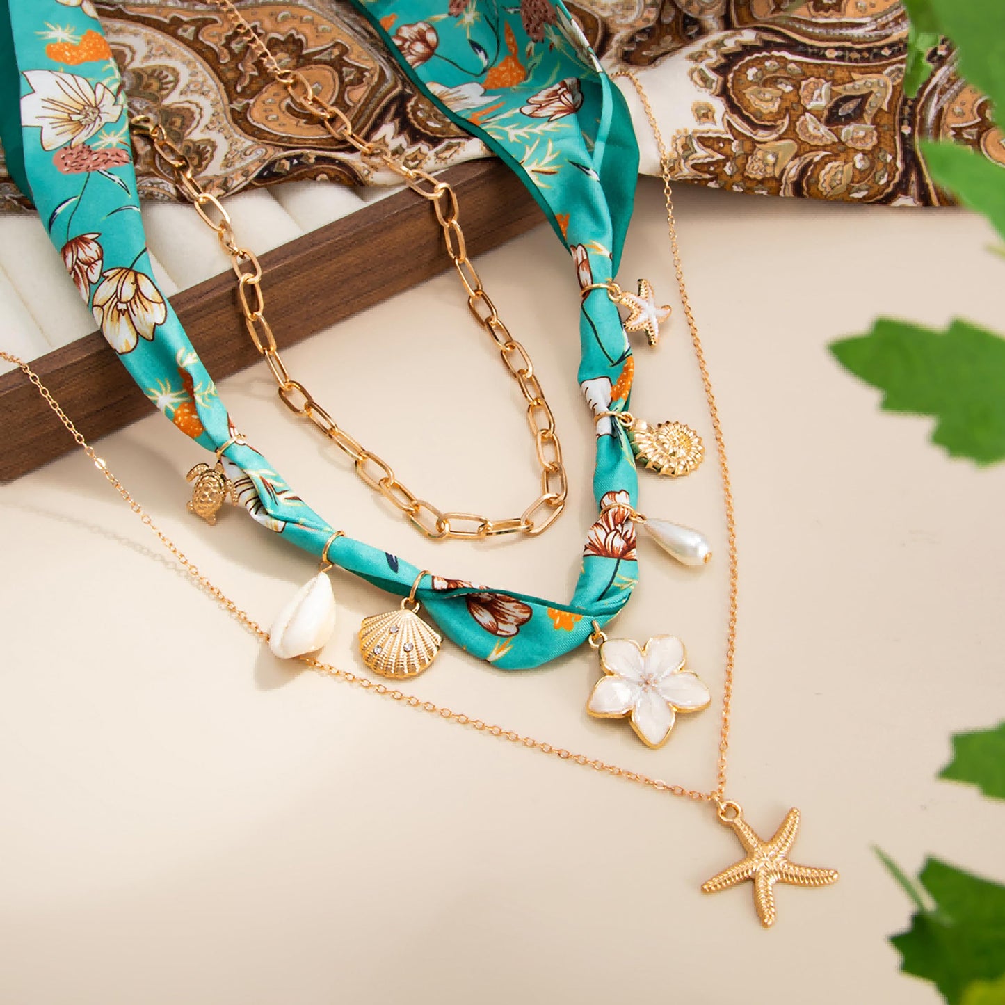 Your Always Charm Layered Scarf Necklace for Women - 3 Pcs Bandana Starfish Flower Shell Necklace with Charms, Summer Beach Boho Jewelry, Layered Choker Gift