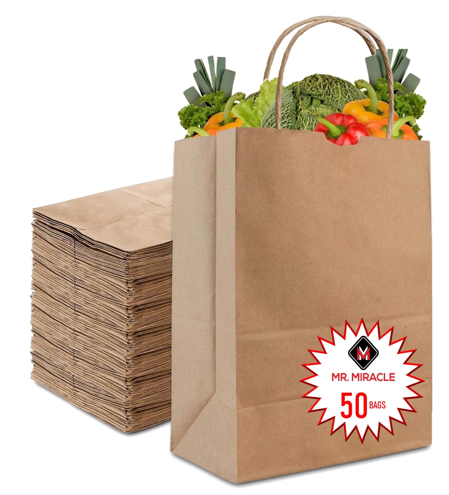 57 Lb Large Kraft Paper Grocery Bags with Handles - 50 Count 12 x 17 x 7 - Durable, Reusable & Eco-Friendly Shopping Bags, Brown Kraft Take-Out Bags for Retail, To-Go, Any Occasion (50, With Handles)