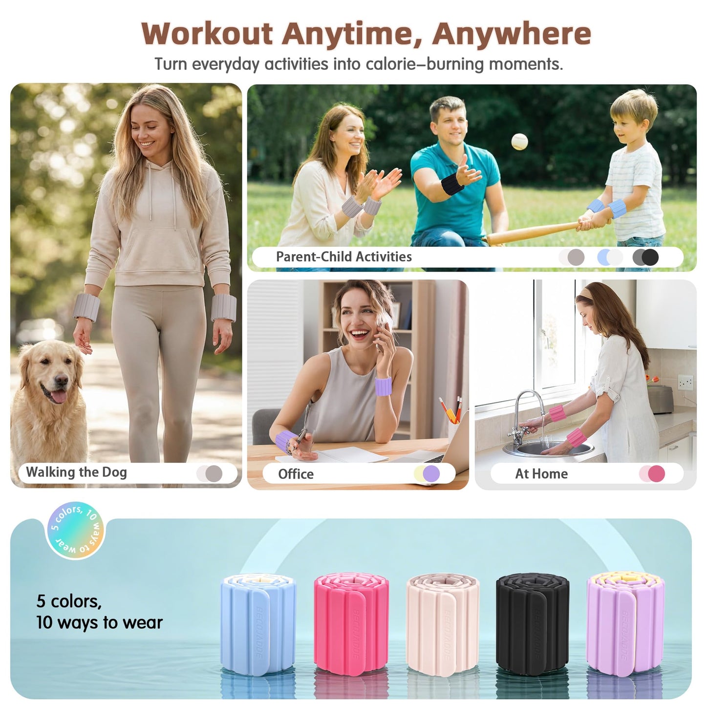 BECOJADDE Wrist Weights Ankle Weights for Women 1 Pair (2.2 lb Each) Silicone Magnetic Leg Arm Weighted Bracelet for Home Yoga Pilates Gym Workout Walking Jogging, Beige Taupe