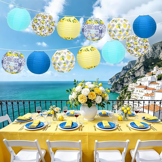 DECYOOL Capri Lemon Pattern Paper Lanterns,12 Pack Mediterranean Party Decor with White, Yellow, and Blue Designs for Indoor Outdoor Celebration