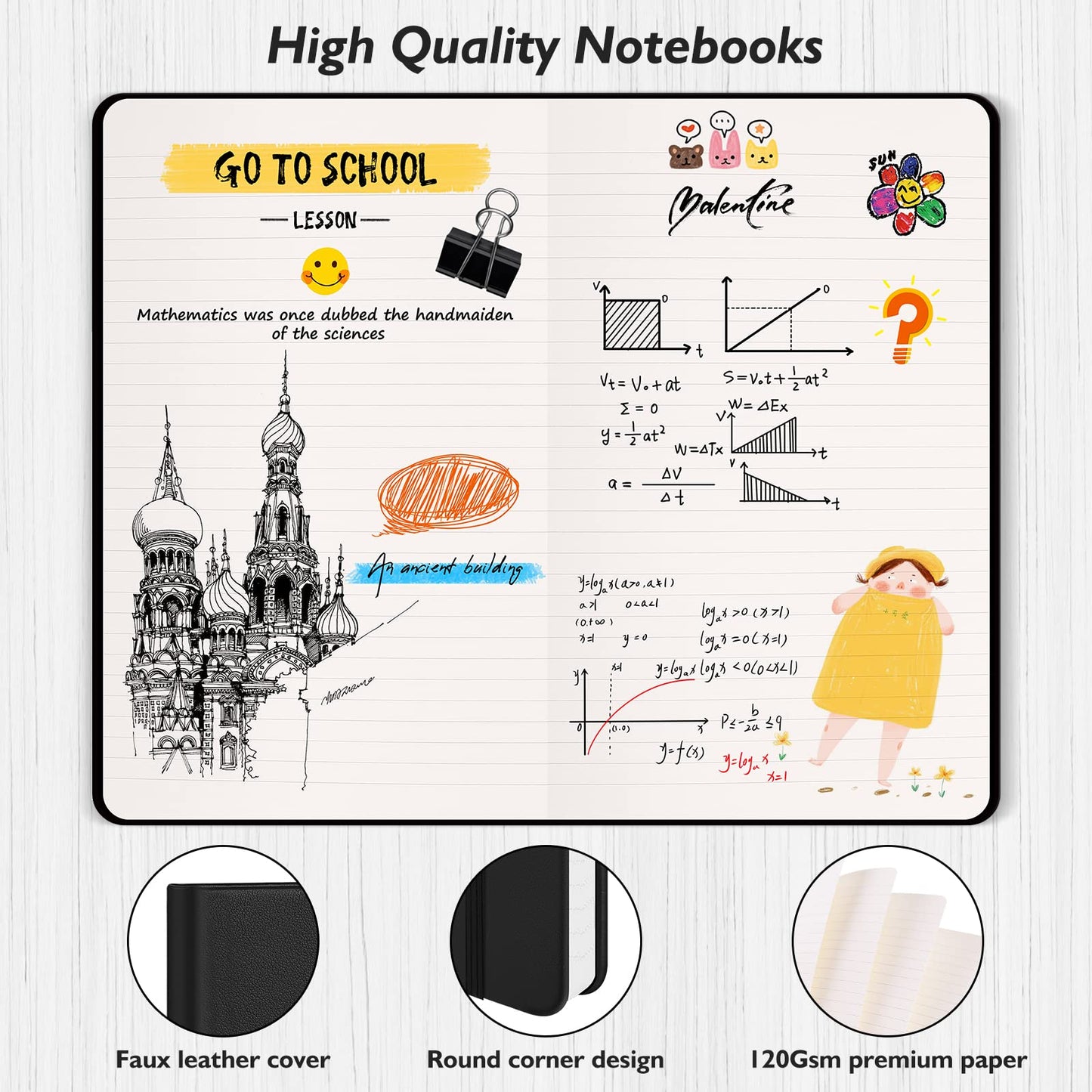 Huhuhero Lined Journal Notebook, 5 Pack Black Hardcover Notebooks for Work Women Men, 120Gsm Thick Paper Leather Journals for Writing Note Taking Business, Journaling School Supplies 5"×8.25"