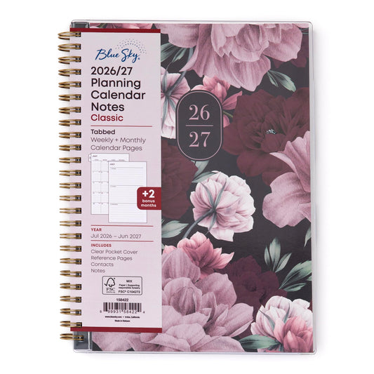 Blue Sky 2026-2027 Weekly and Monthly Academic Year Planner Calendar, July 2026 - June 2027, 5.875" x 8.625", Flexible Pocket Cover, Wirebound, Laminated Tabs, Includes Extra 30 Sheets of Notes, Dark Peonies