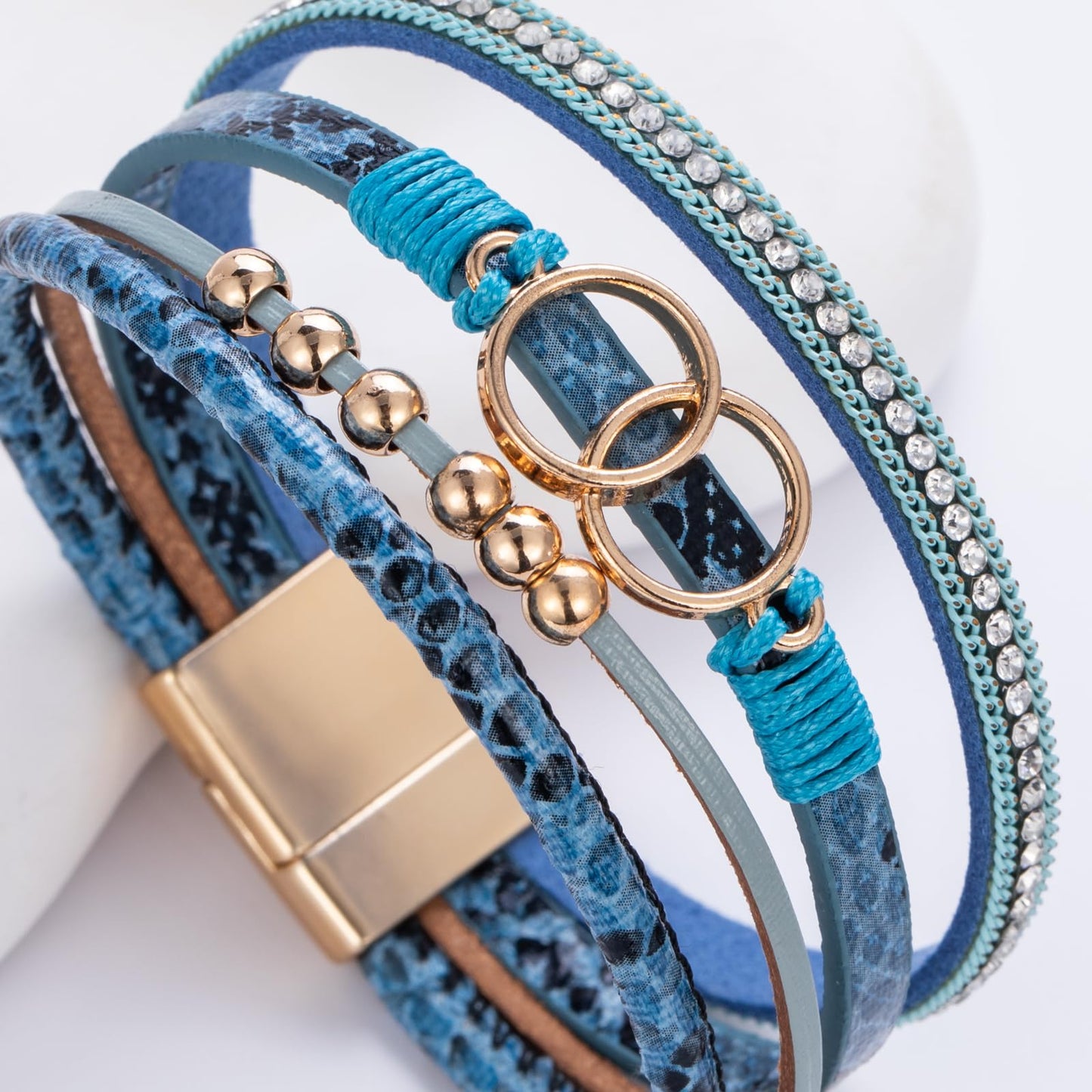 FANCY SHINY Boho Leather Wrap Bracelet Stackable Beaded Infinity Chunky Cuff Bracelets with Magnetic Clasp Western Hippie Outfits Jewelry Gifts for Women(Snakeskin Blue)