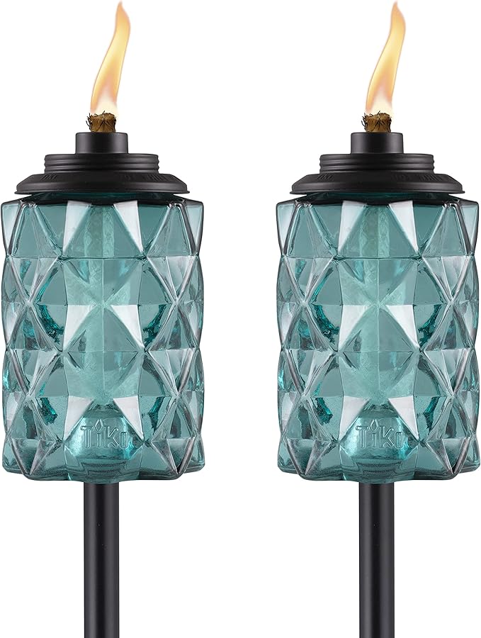 TIKI 2-Pack Topaz Blue Glass TIKI Torches – 65" Outdoor Decorative Torches for Patio, Backyard & Garden – Easy Install, Weather-Resistant with Long-Lasting Wick & Snuffer