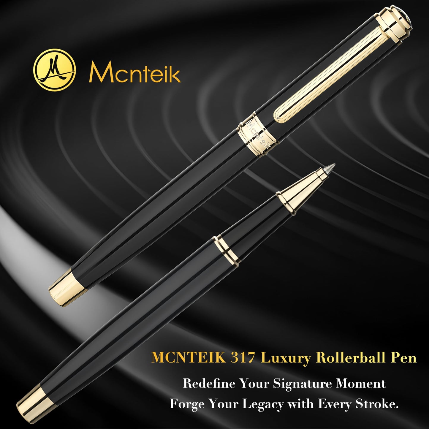 MCNTEIK 317 Rollerball - Stunning Luxury Black Lacquer Pen with 24K Gold Finish, Schmidt Black Ink Refill, Best Gift Set for Men & Women, Executive Office, Christmas, Nice Classic Pens-Black