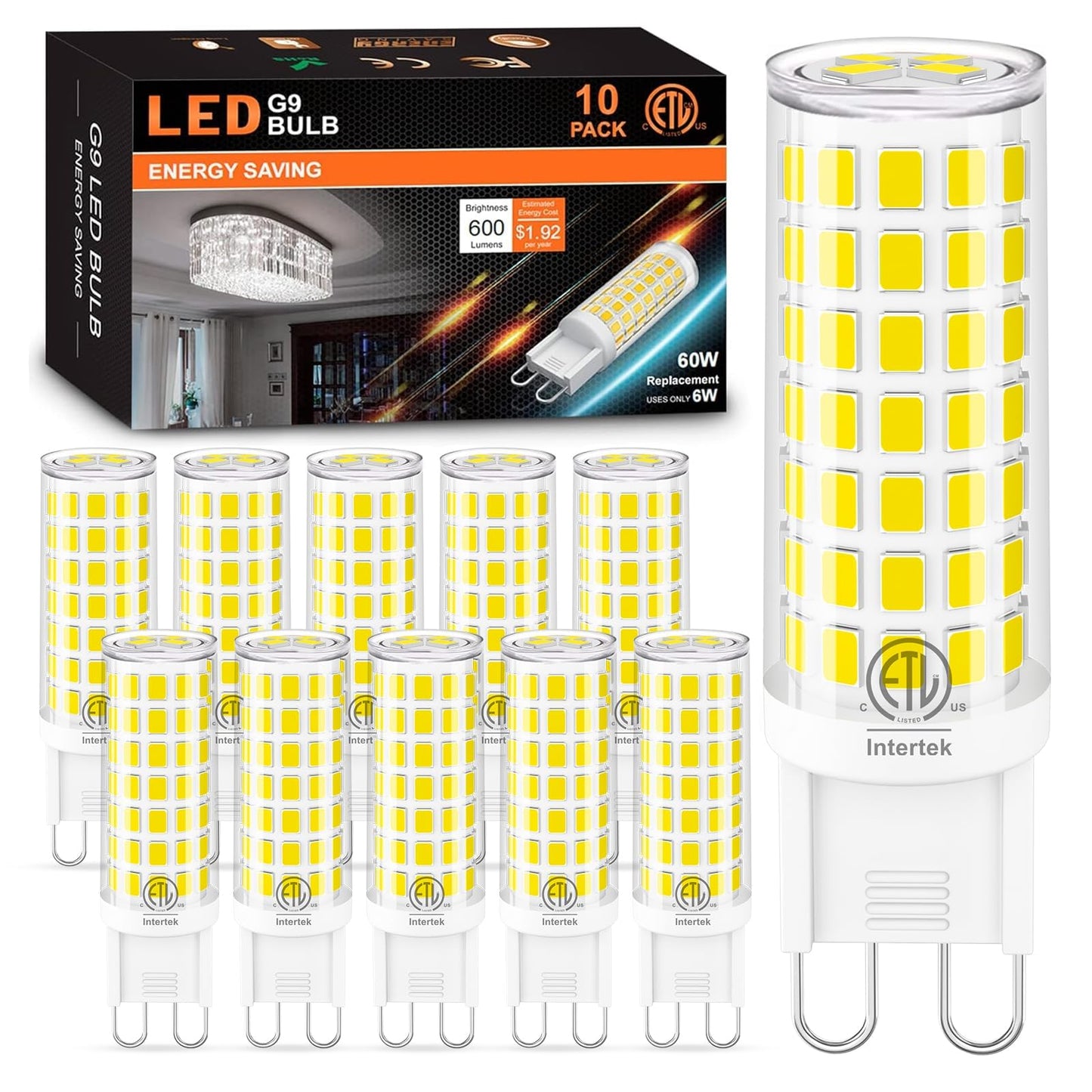 hansang 10-Pack G9 LED Bulbs 4000k Natural Daylight White, 6W 60W Equivalent, 600LM Warm White T4 Crystal Chandelier Lights, G9 Bi-Pin Ceramic Base, Non-Dimmable