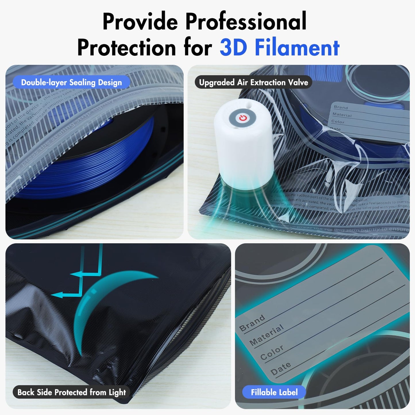 Hifree 20 Pcs 3D Filament Vacuum Storage Bags Kit with 5 Sealing Clip, PA/DP/PC/PLA/ABS/TPU/ASA/PETG Lightproof Dustproof Humidity Resistant Reusable Vacuum Storage Seal Bag (12.6" X 13.4")