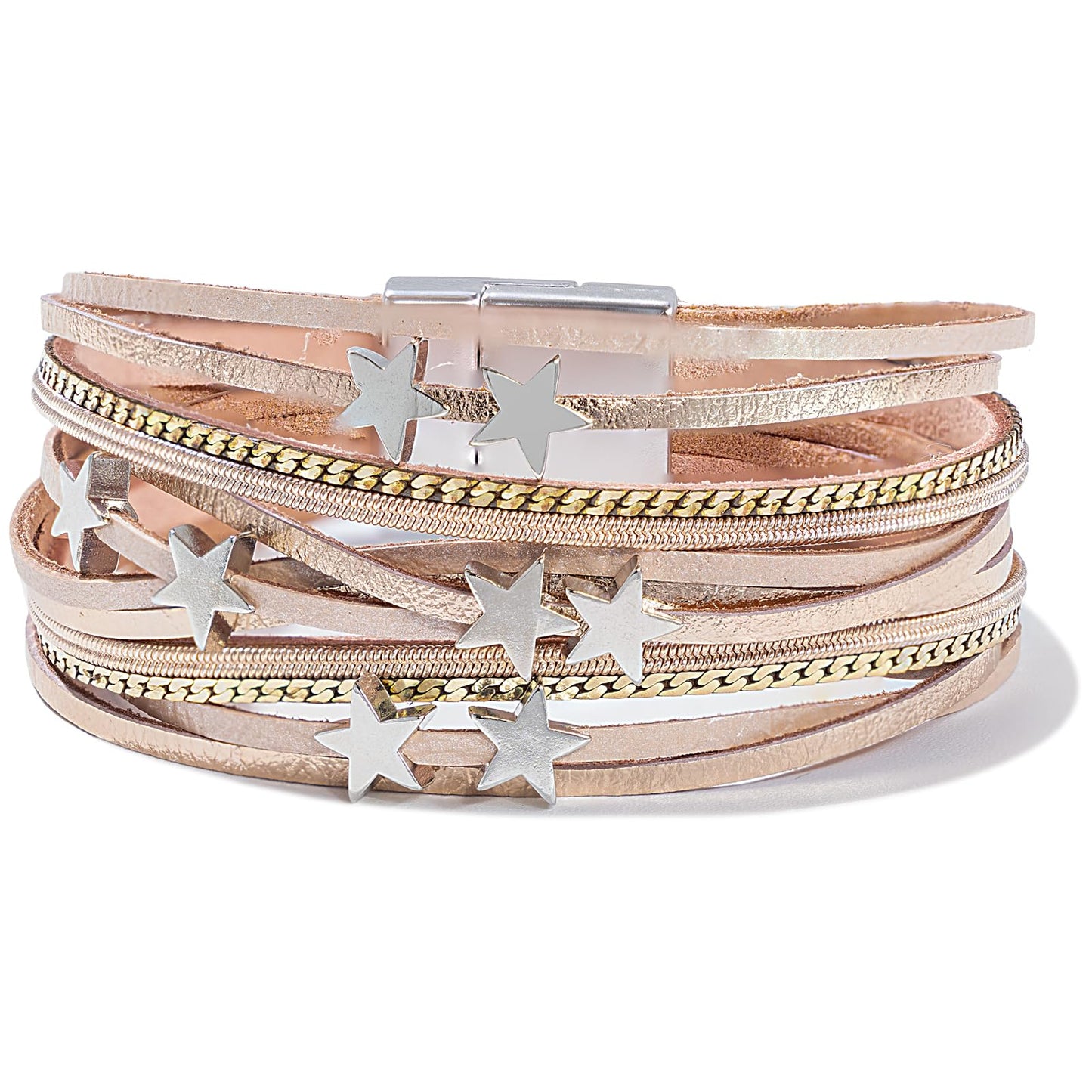 FANCY SHINY Leather Wrap Star Bracelet Boho Bangle Bracelets for Women Trendy Stackable Cute Star Bracelet with Magnetic Clasp(Rosy Metallic)