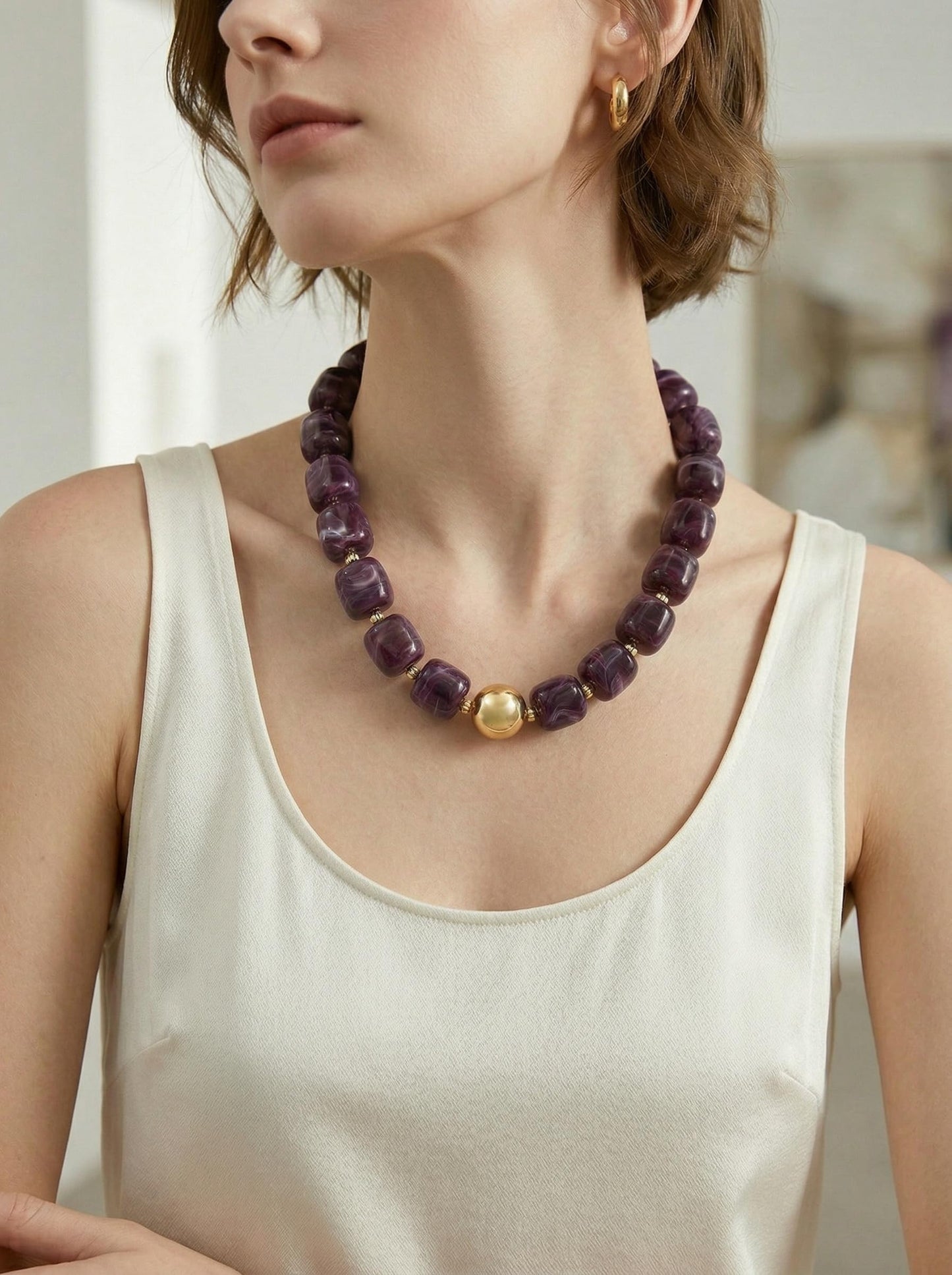 BREPINE Purple Chunky Necklaces for Women Multicolored Large Square Resin Beads Necklace Trendy Bold Statement Beaded Summer Candy jelly Vacation Choker