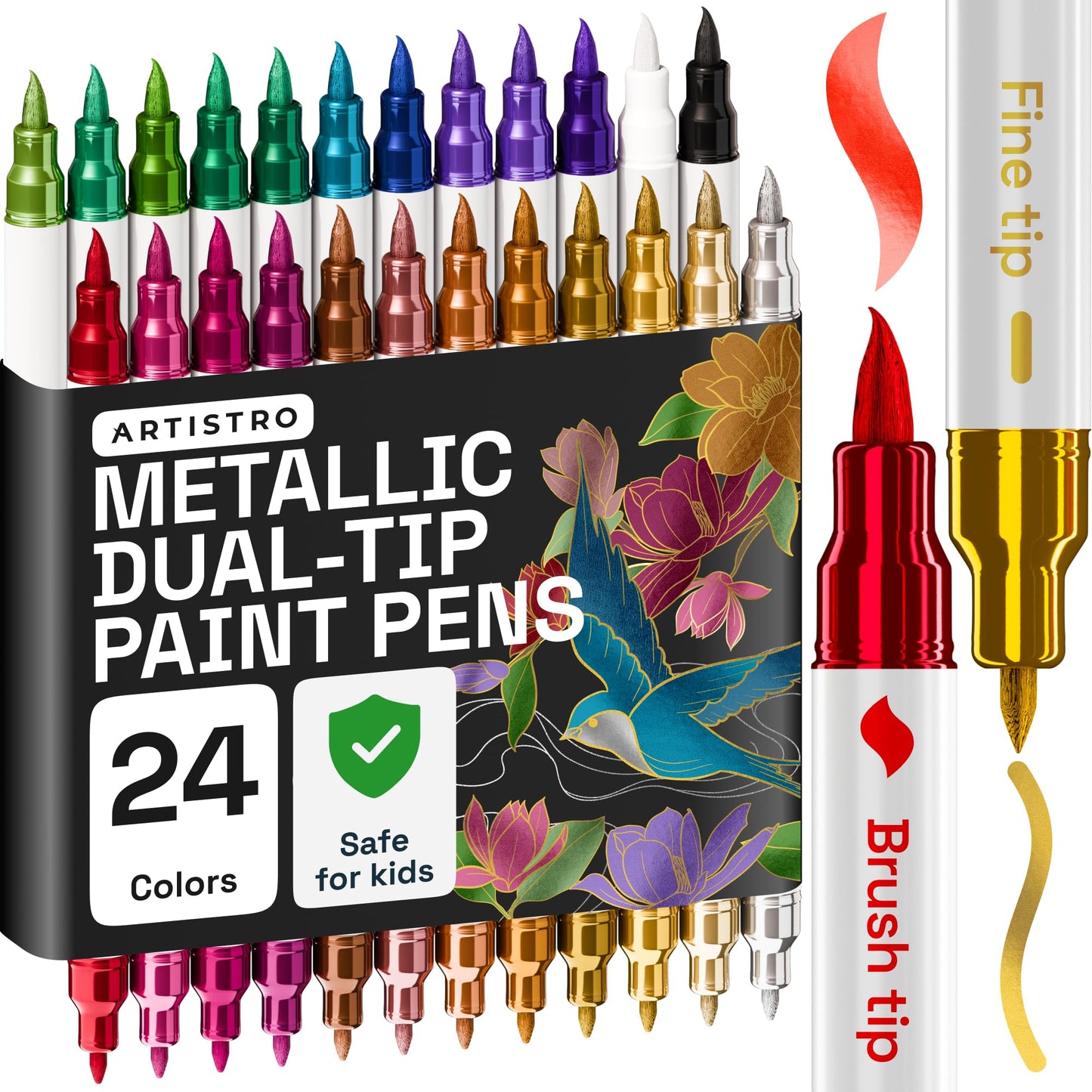 ARTISTRO 24 Metallic Acrylic Paint Markers - Paint Pens for Drawing, Brush + Fine Tips - For Fabric, Rock, Glass, Wood, DIY - Art & Craft Supplies for Adults, Teens, Kids - Teacher Appreciation Gift
