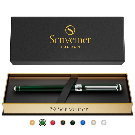 Scriveiner British Racing Green Rollerball - Stunning Luxury Pen With Chrome Finish, Schmidt Ink Refill, Best Roller Ball Pen Gift Set for Men & Women, Professional, Executive Office, Nice Pens