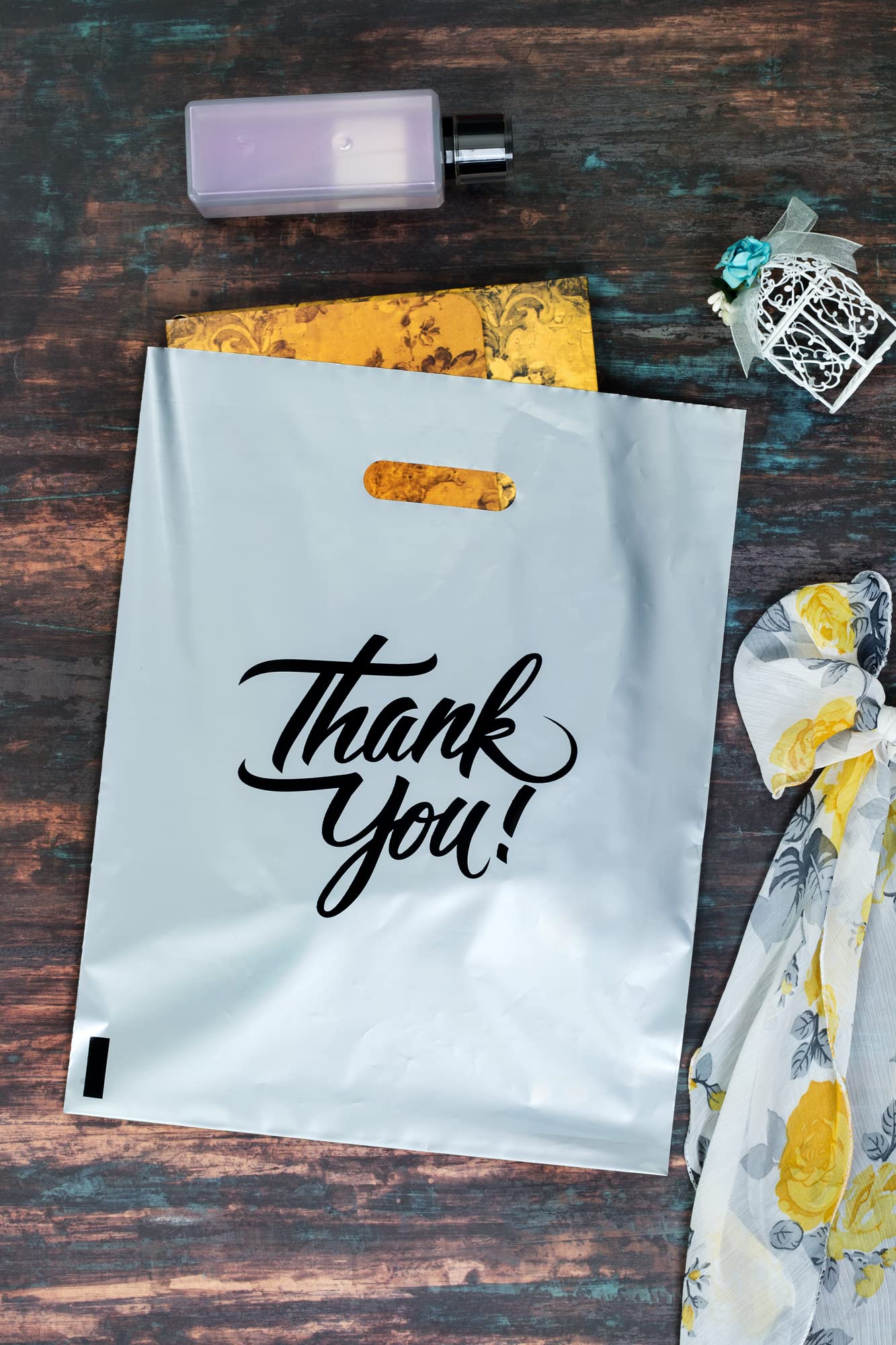 Infinite Pack Silver 16"x18"(500pcs) Thank You plastic Merchandise Bags Die-Cut Handles, Perfect for Retail Shopping, Boutiques, Goodie bags, and Gift Packaging & Favors, 1.75MIL Reusable Plastic Bag