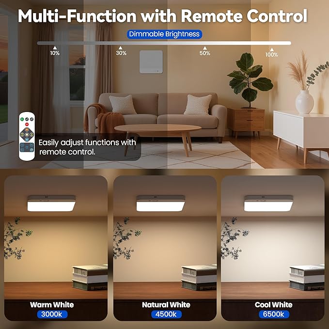 KINDEEP Battery Operated Ceiling Light: Wireless Closet Light Motion Sensor, Cordless Rechargeable Shower Light, for Bathroom, Garage, Hallway, 3 Color Temperatures Dimmable, White Shade 1Pack