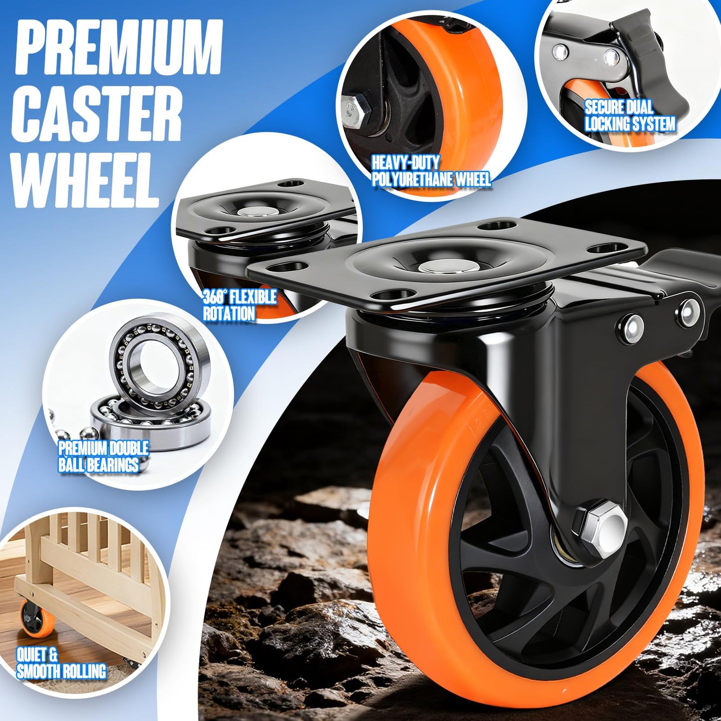 Caster Wheels 5"，Heavy Duty Caster Wheels Set of 4, Dual Lock PU Casters, Industrial Swivel Casters for Workbench, Furniture & Tool Cart – Smooth, Silent & Durable