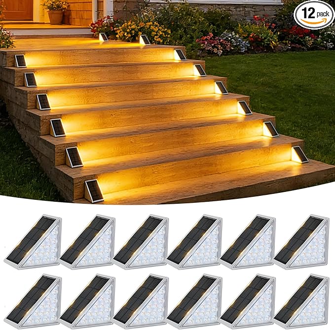 VOLISUN Solar Step Lights Outdoor Waterproof, LED Outdoor Stair Lights, Solar Step Light for Outside, Warm&Cool White Deck Light Decor for Stair,Front Porch and Patio(Gray,12 Pack)