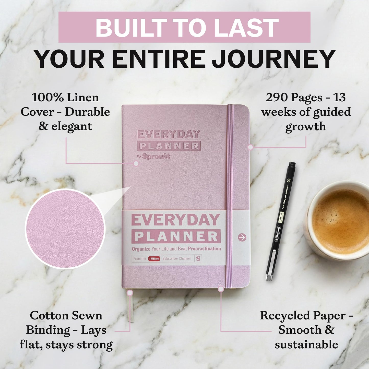 Sprouht Undated Daily Planner | 90 Day Daily & Weekly Productivity Journal with Hourly Schedule, To Do List, Goal Tracker & Habit Tracker | ADHD Planner for Men & Women | Hardcover Agenda (Pink)