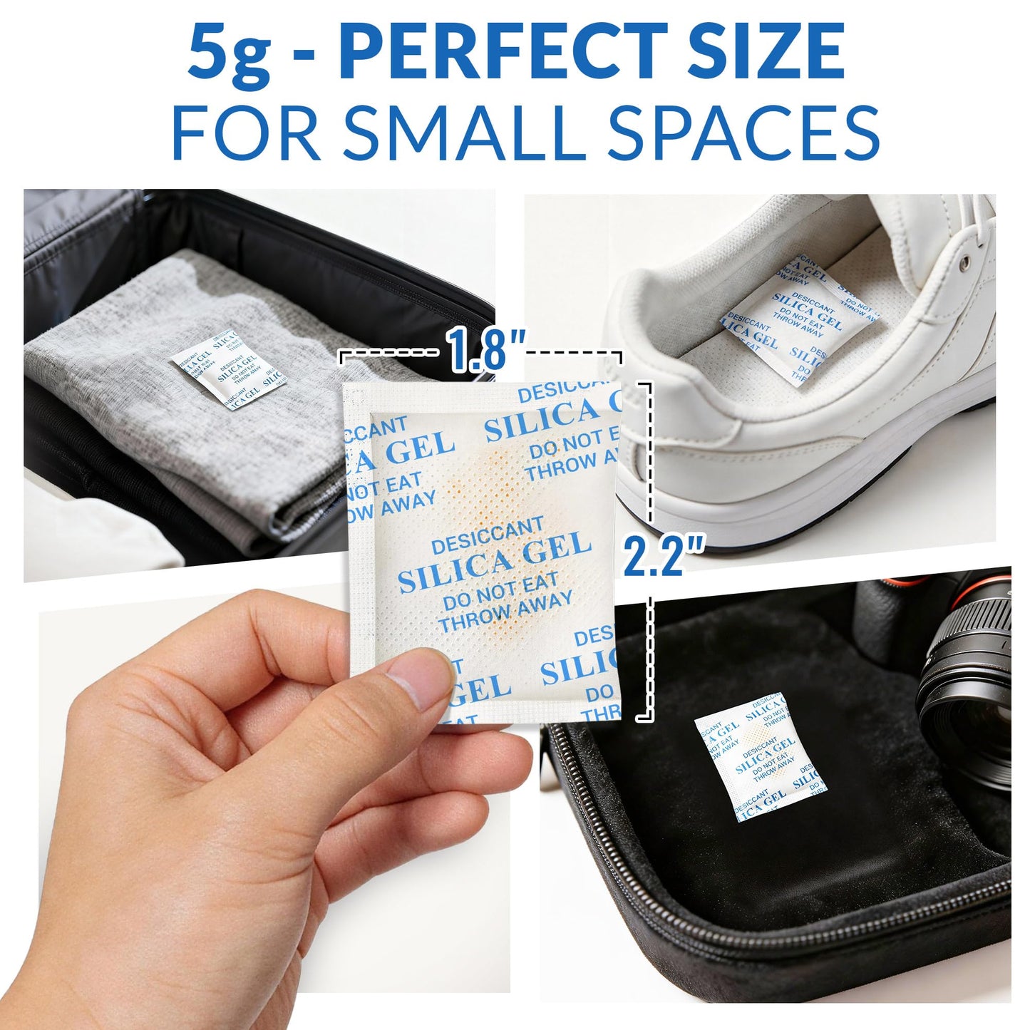 Silica Gel Packets 5 Gram 150 Pack, Color-Indicating Rechargeable Desiccant Packs Moisture Absorber for Food Storage, Electronics, Camera Lens, Toolboxes, 3D Printer Filament & Safes