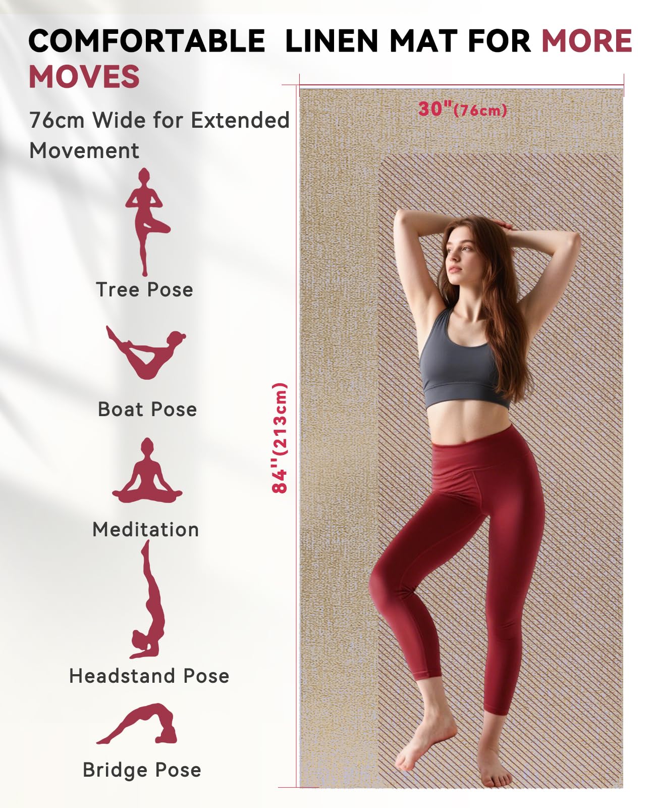 HAPBEAR Extra Large Yoga Mat 84''x30''- 1/4'' Thick Natural Linen, Non-Slip Tear-Resistant for Yoga, Meditation, Pilates, Floor Exercises with Free Carrying Bag