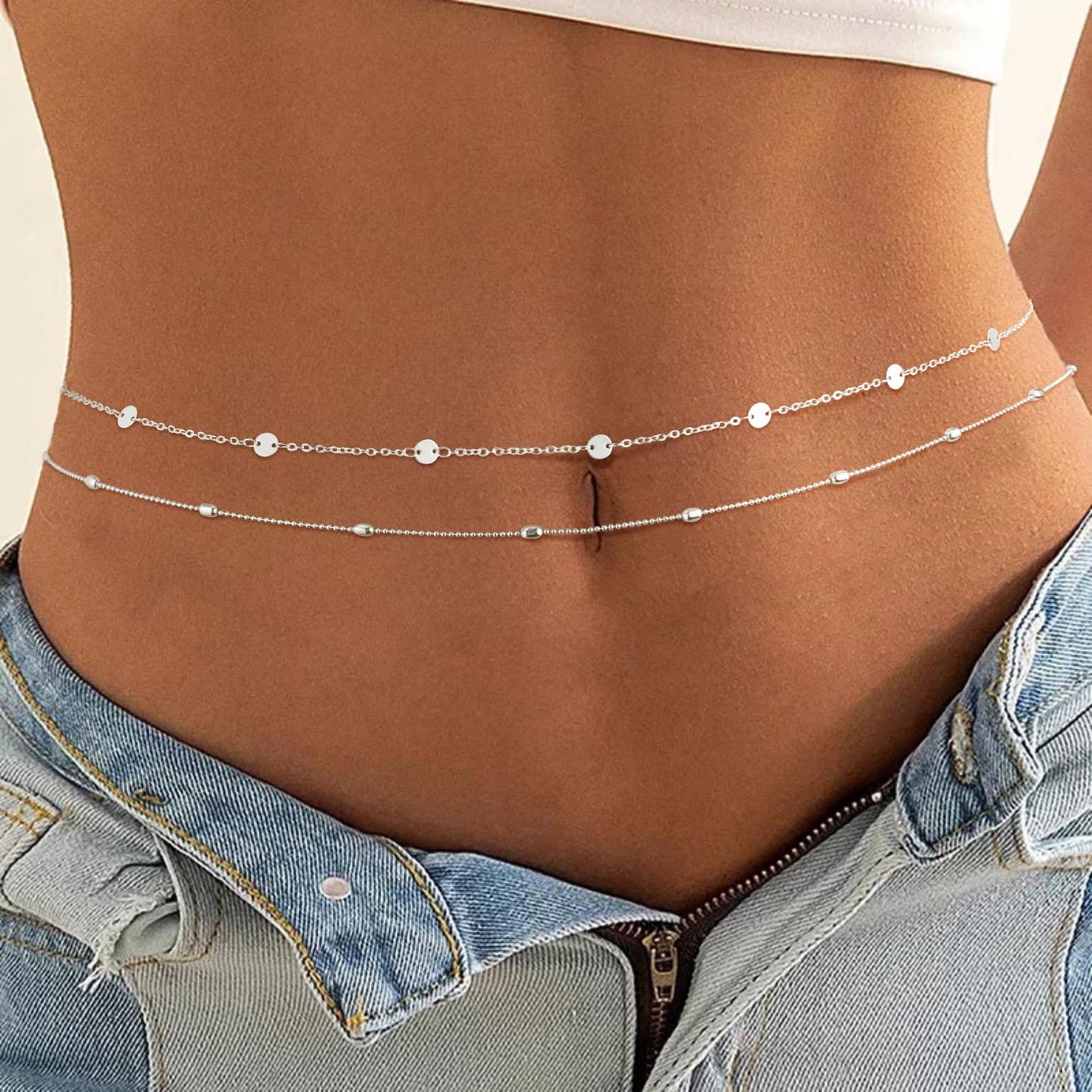 SUFOPE Waist Chain for Women Trendy 14K Silver Plated Belly Chain Adjustable Layered Bikini Belly Beads for the Waist Waterproof Beach Accessories Body Chain Jewelry Gifts