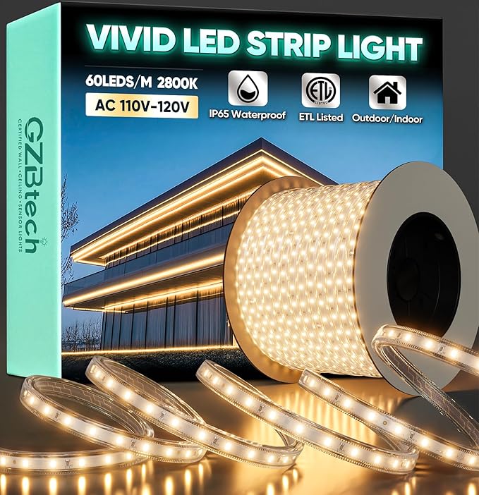 GZBtech AC 110-120V LED Strip Lighting 132FT/40M, 2800K Warm White IP65 Waterproof Outdoor Strip Lights, 60LEDs/M SMD2835 Cuttable & Connectable LED Rope Light for Indoor Outside Exterior, ETL Listed