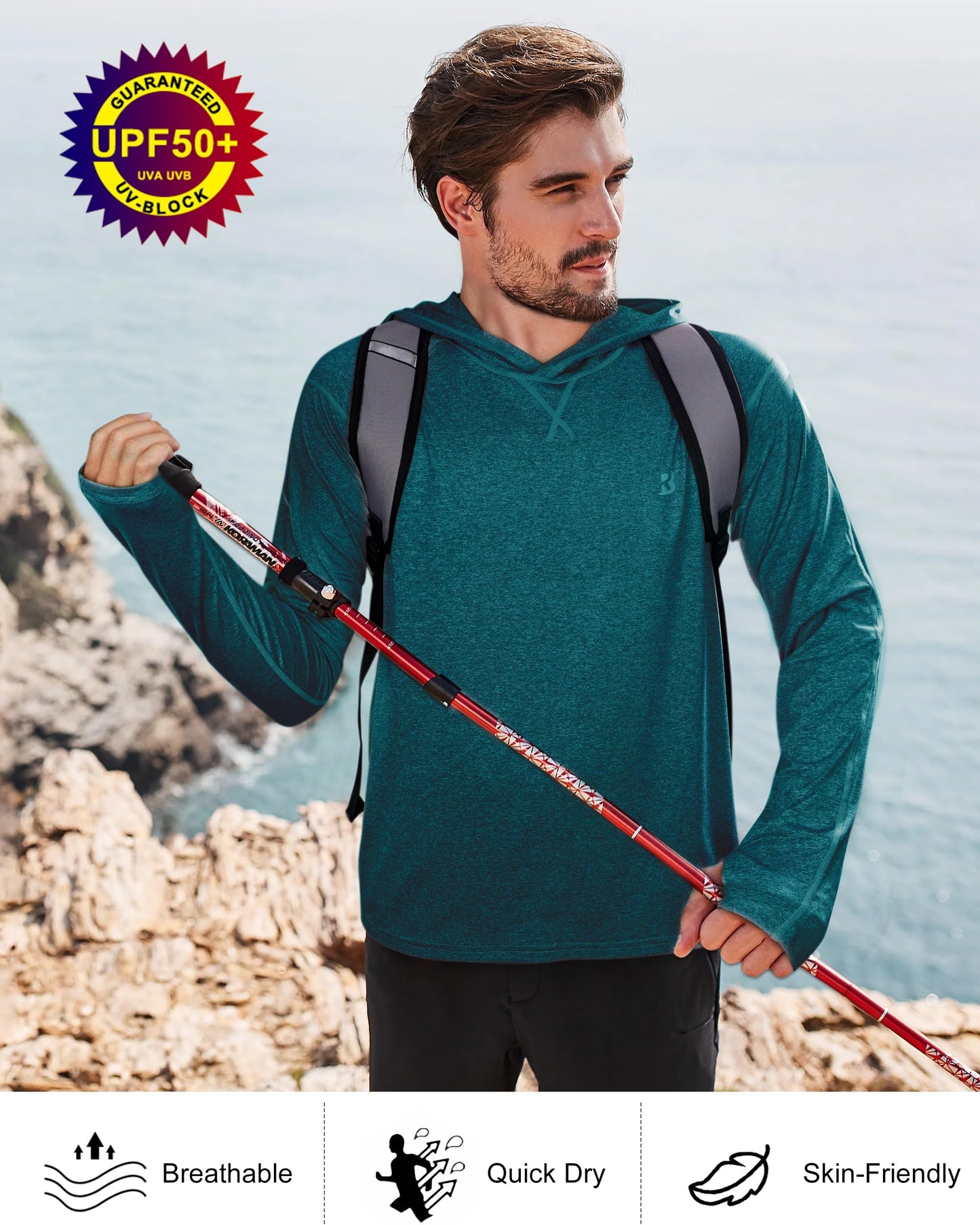 Mens UPF 50+ Fishing Swim Shirt - Long Sleeve Sun Shirts Rashguard Running Hiking Beach Workout Hooded Shirt with Thumbhole