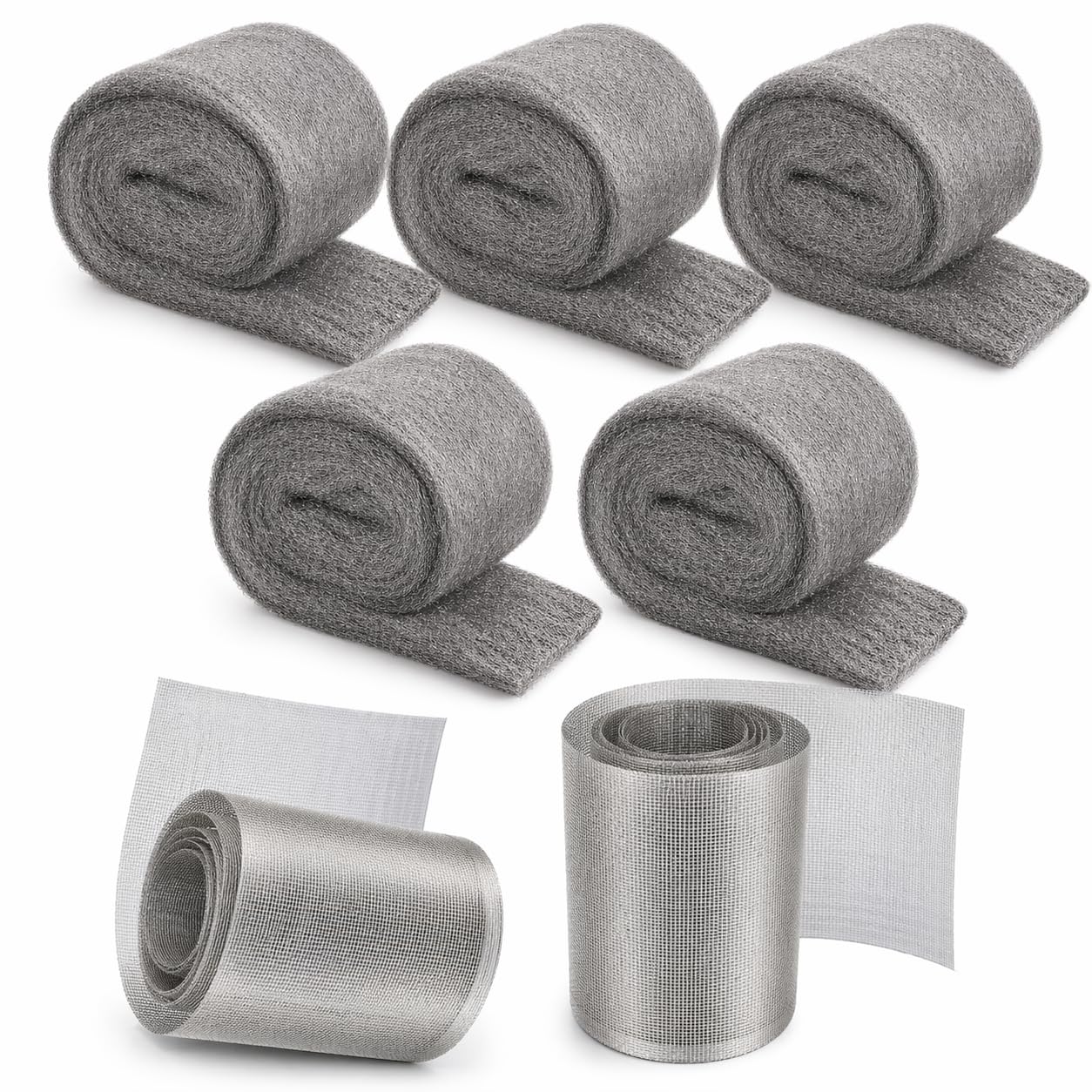 WizCave Steel Wool Bulk - 5 Pack 2.75 in x 11.5 Ft Steel Wools & 2 Pack 5 in x 15 Ft Stainless Wire Mesh, Mouse Hole Filler for House & Garden, Fine SteelWool for Polishing Chrome, Glass