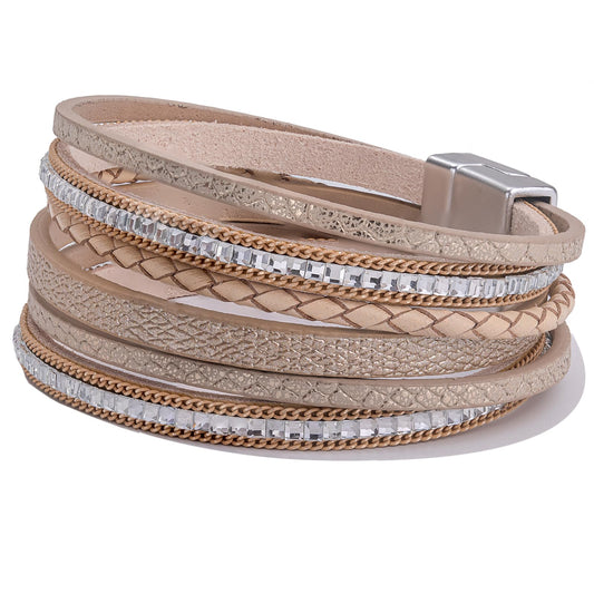 FANCY SHINY Boho Leather Wrap Bracelets Trendy Layered Bracelets with Magnetic Clasp Strackable Bohemian Cuff Jewelry Gifts for Women(Cream)