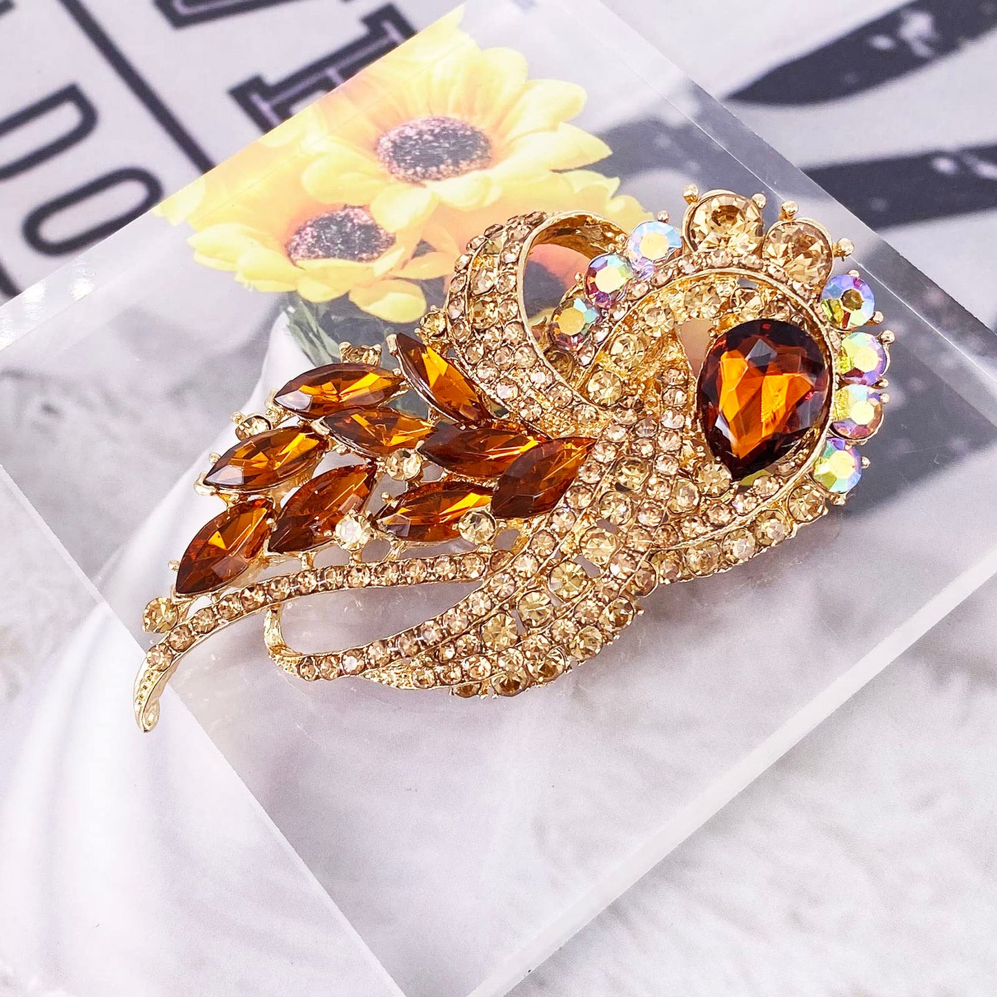 LAXPICOL Women's Vintage Brown Austrian Crystal Elegant Flower Bouquet Wing Brooch Gold Tone