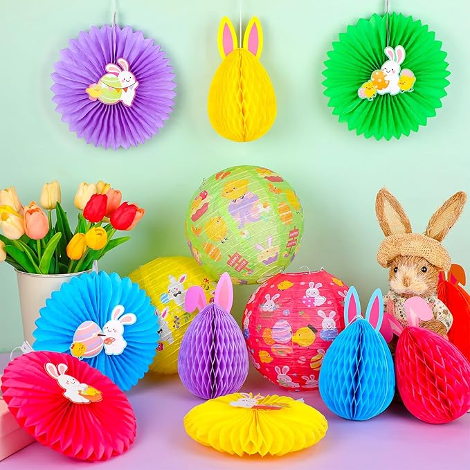 Retisee 18 Pcs Easter Party Decoration Easter Honeycomb Decorations Hanging Pastel Paper Lanterns Bunny Paper Fans for Ceiling Tree Spring Party Classroom Decoration
