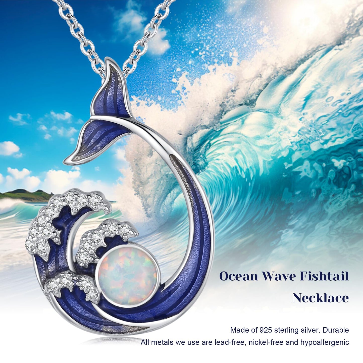 KoyeKei Whale Tail Necklace for Women 925 Sterling Silver Whale Tail Wave Necklace Wave Opal Ocean Themed Pendant Beach Jewelry Graduation Gifts for Wife Sister Lover