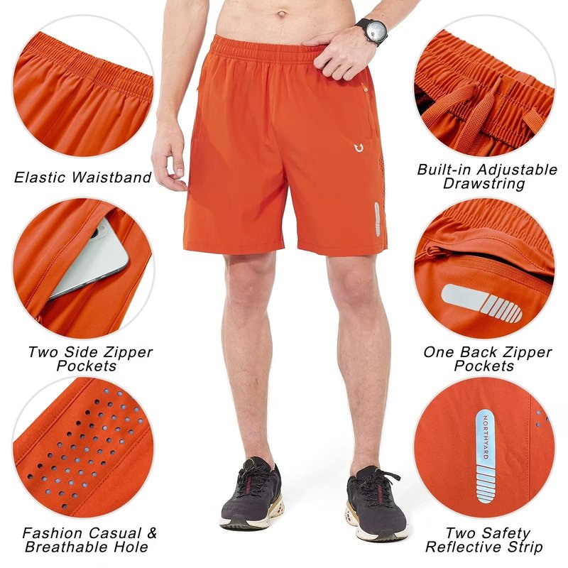 NORTHYARD Men's Athletic Running Shorts Gym Workout 7"/9"/5" Quick Dry Lightweight Sports Basketball Tennis 3 Zipper Pockets Orange XL