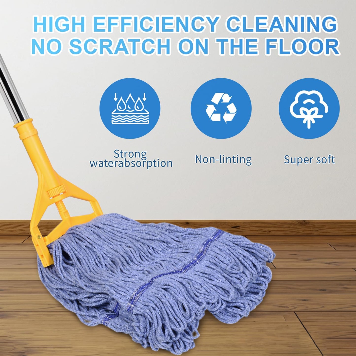 HiBaby Commercial Mop with Extra Head Replacement, 63Inch Handle Heavy Duty Industrial Mop Looped-End String Wet Mops for Floor Cleaning for Warehouse, Workshop, Garage, Office, Home (2 Mops Head)