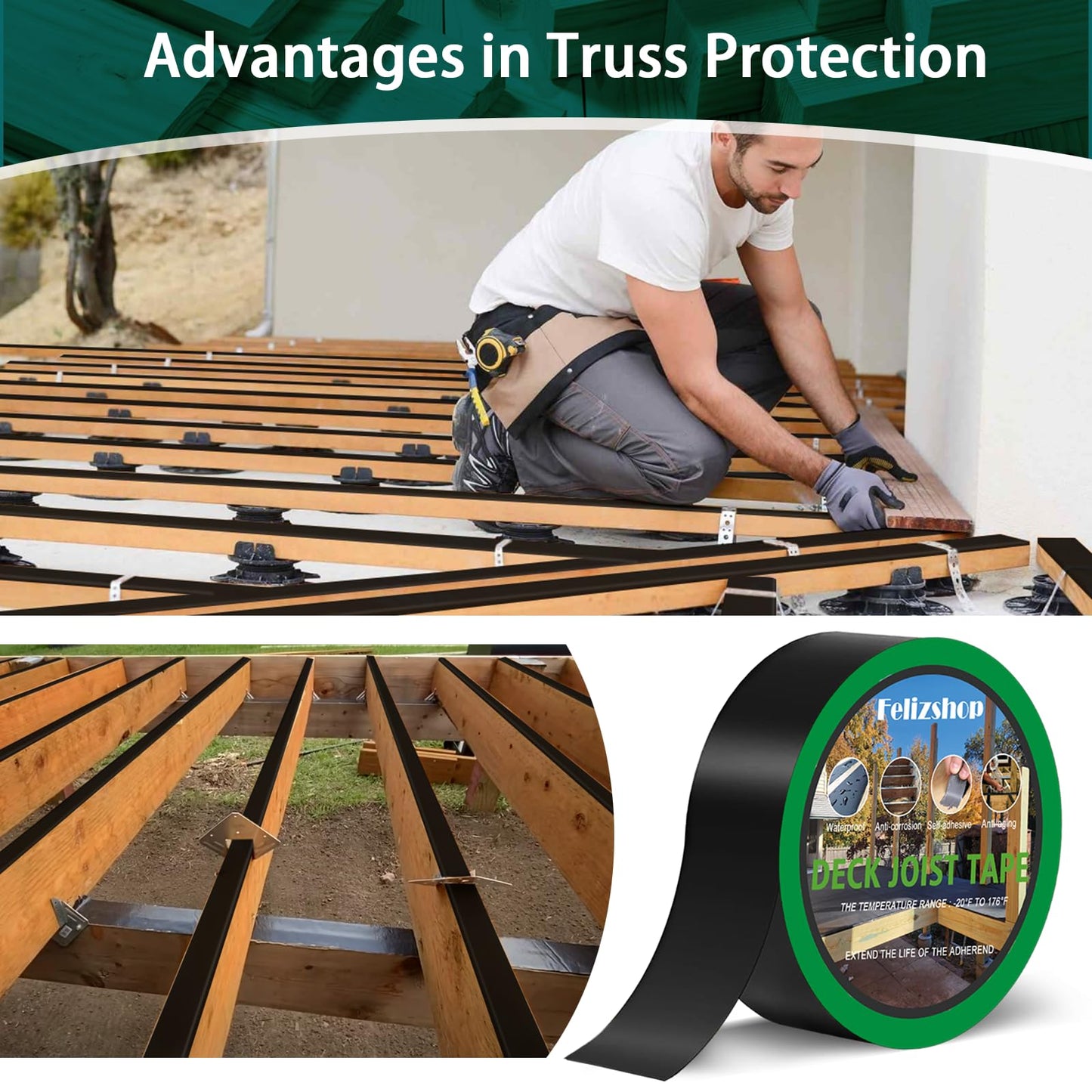 Felizshop Joist Tape, 1-5/8" x 50' Deck Joist Tape, Waterproof Butyl Tape, Self-Adhesive Deck Butyl Tape, Butyl Flashing Tape,Joist Tape Decking for Protect Beams and Wood Decks (8 Rolls)