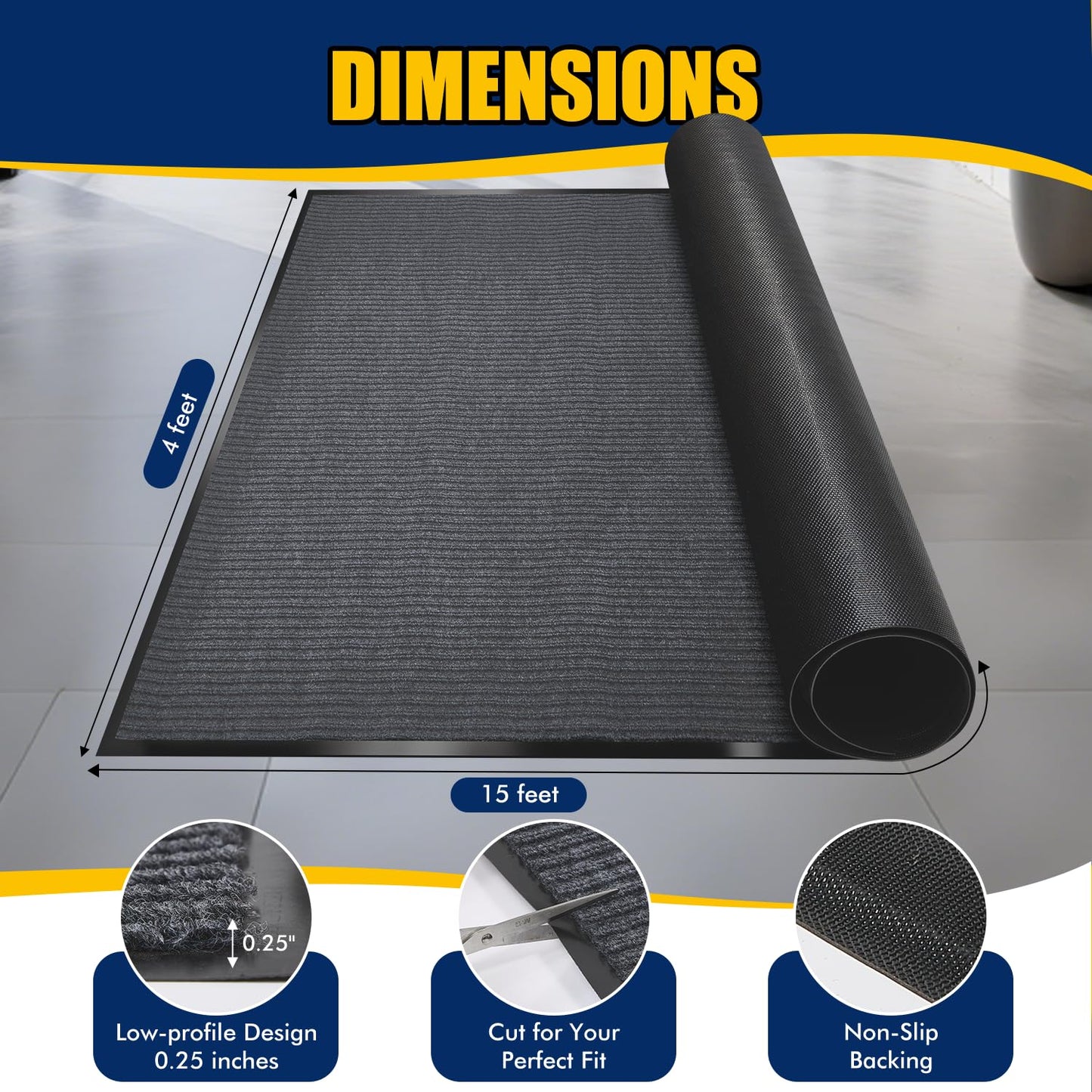 Extra Large Indoor/Outdoor Entrance Mat - 4 x 15 Feet, Rubber Border Door Mat Heavy Duty, Waterproof, Low-Profile, Easy to Clean, Rubber Entry Mat,Commercial Floor Mat, Charcoal Grey