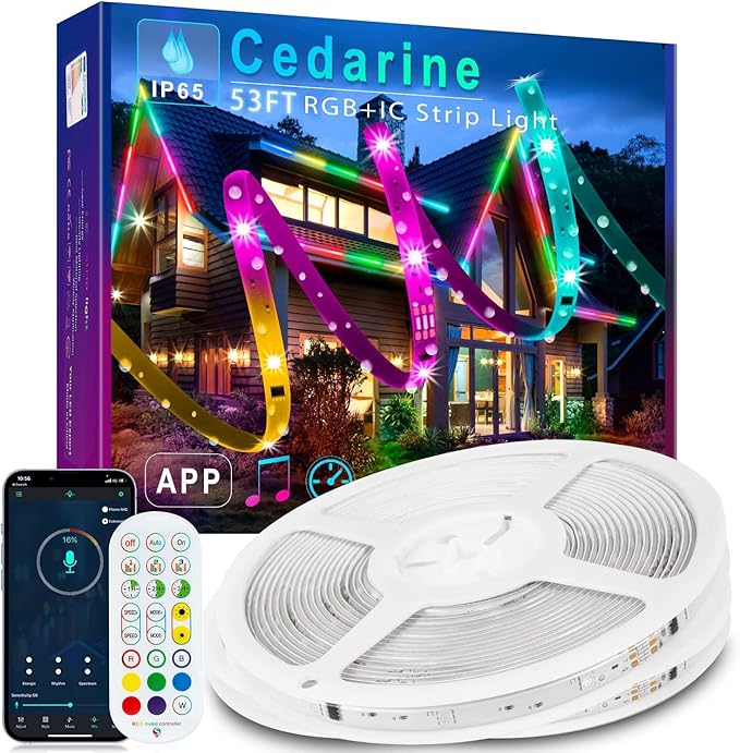 53FT Continuous RGB+IC Outdoor Led Strip Lights Waterproof with RF Remote & Bluetooth Music Sync App Control, Long Color Changing LED Rope Lights,IP67,24V (RGB+IC, 53FT)