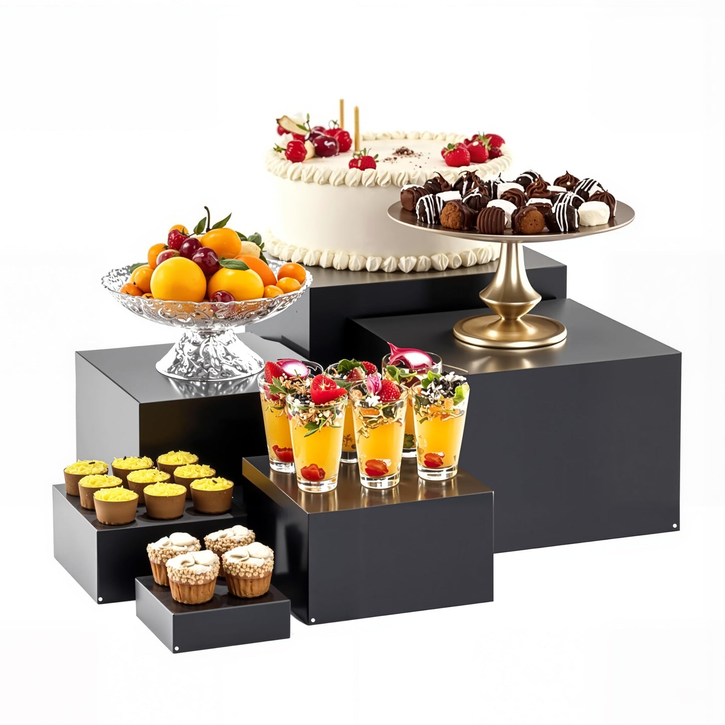 ihomecooker Metal Buffet Risers,6PCS Food Risers for Buffet Table 5in to 10in Display Stand for Catering Dessert Matte black Cube Boxes Nesting Risers with Hollow Bottoms
