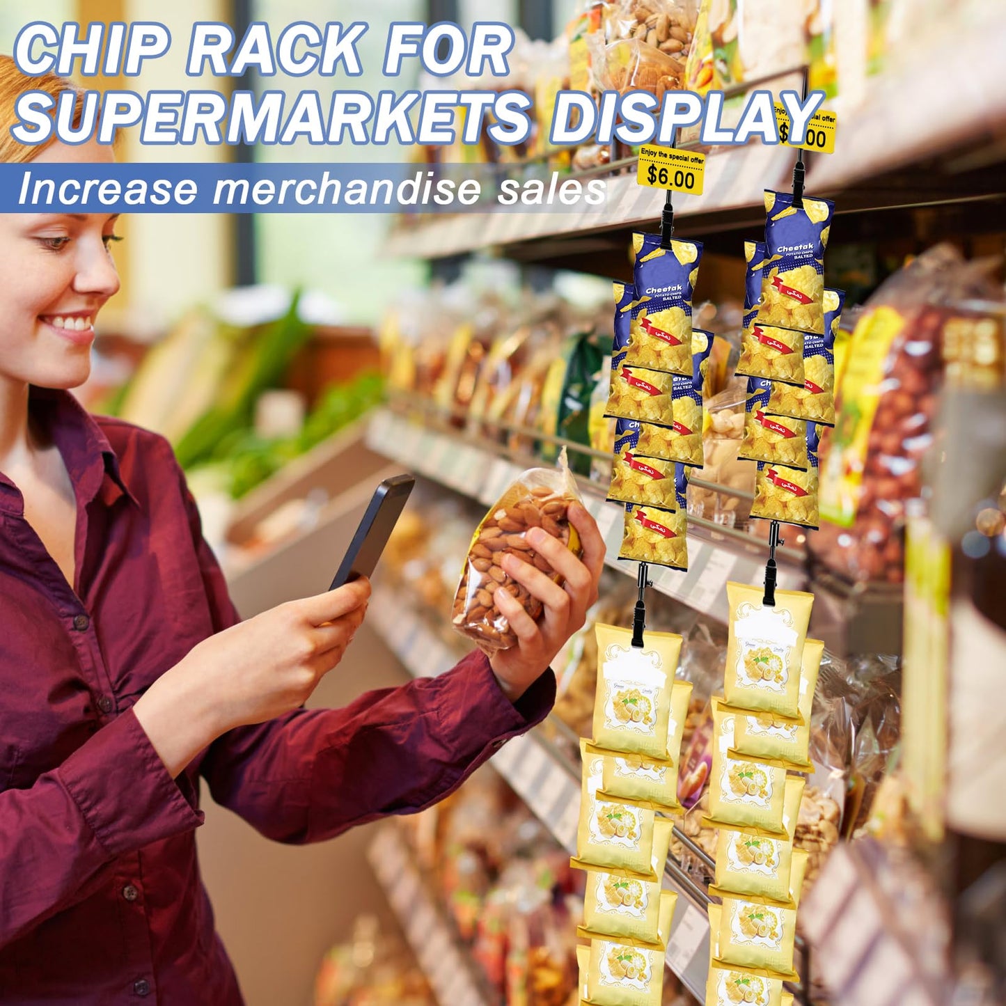 Ngdiluxury Hanging Merchadise Strips with Hooks,32 inches Chip Display Rack Stand 72 Clips Potato Chip Bag Holder with Label Headers Metal Retail Display Rack for Snack Candy 6Pcs Black