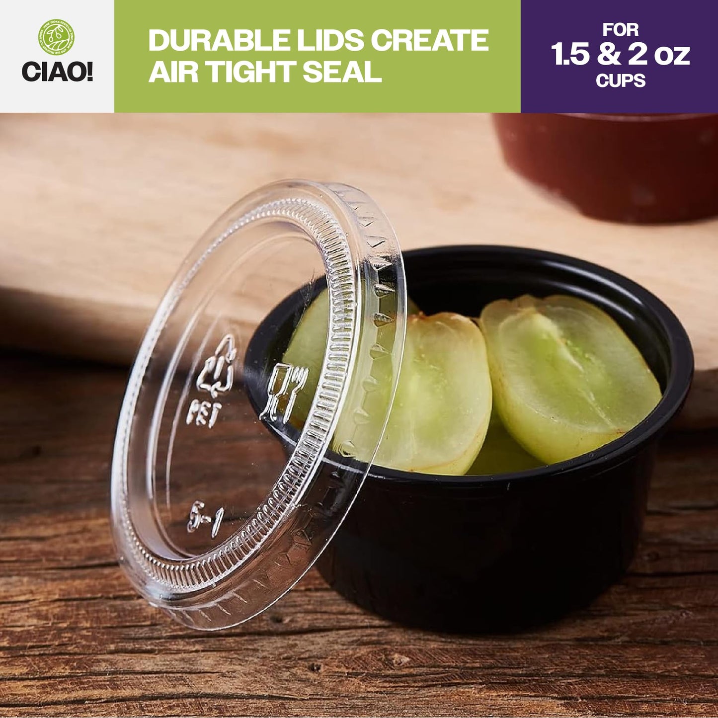CIAO! Ultra Clear PET Portion Cup Lids, 62mm, Fits CIAO! 1.5 & 2 oz Portion Cups, Case of 2,500