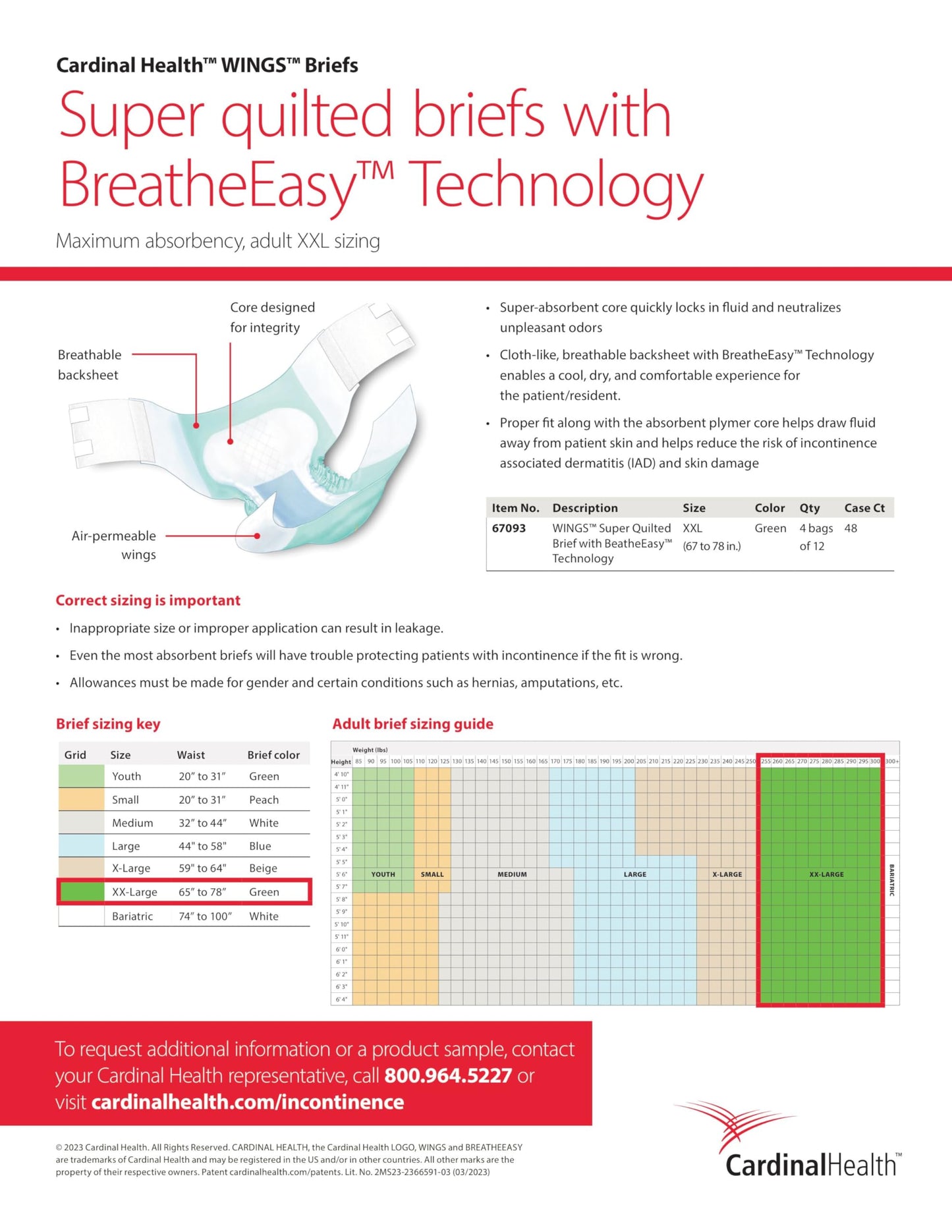 Cardinal Health™ Quilted Adult Briefs, Wings™ Super with BreatheEasy™ Technology, Maximum Absorbency, XX-Large - Case of 48