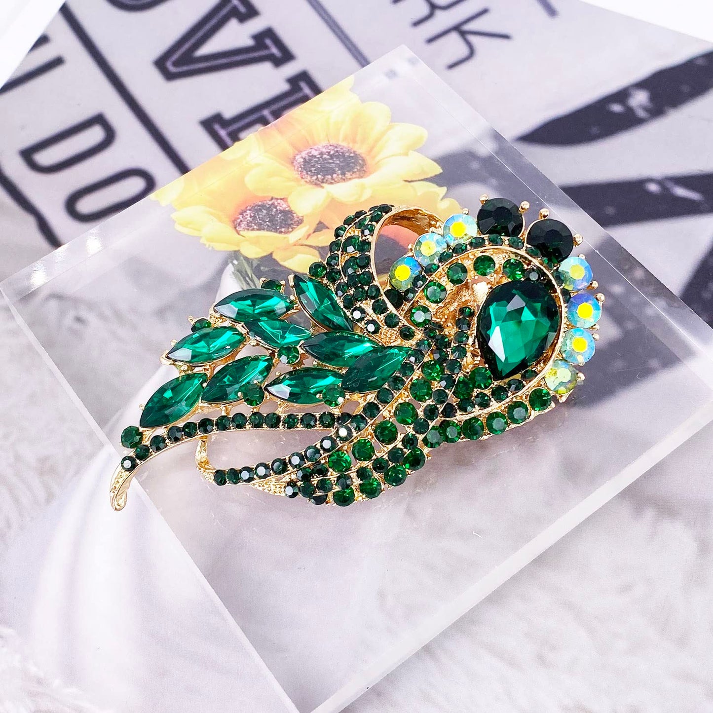 LAXPICOL Women's Vintage Green Austrian Crystal Elegant Flower Bouquet Wing Brooch Gold Tone
