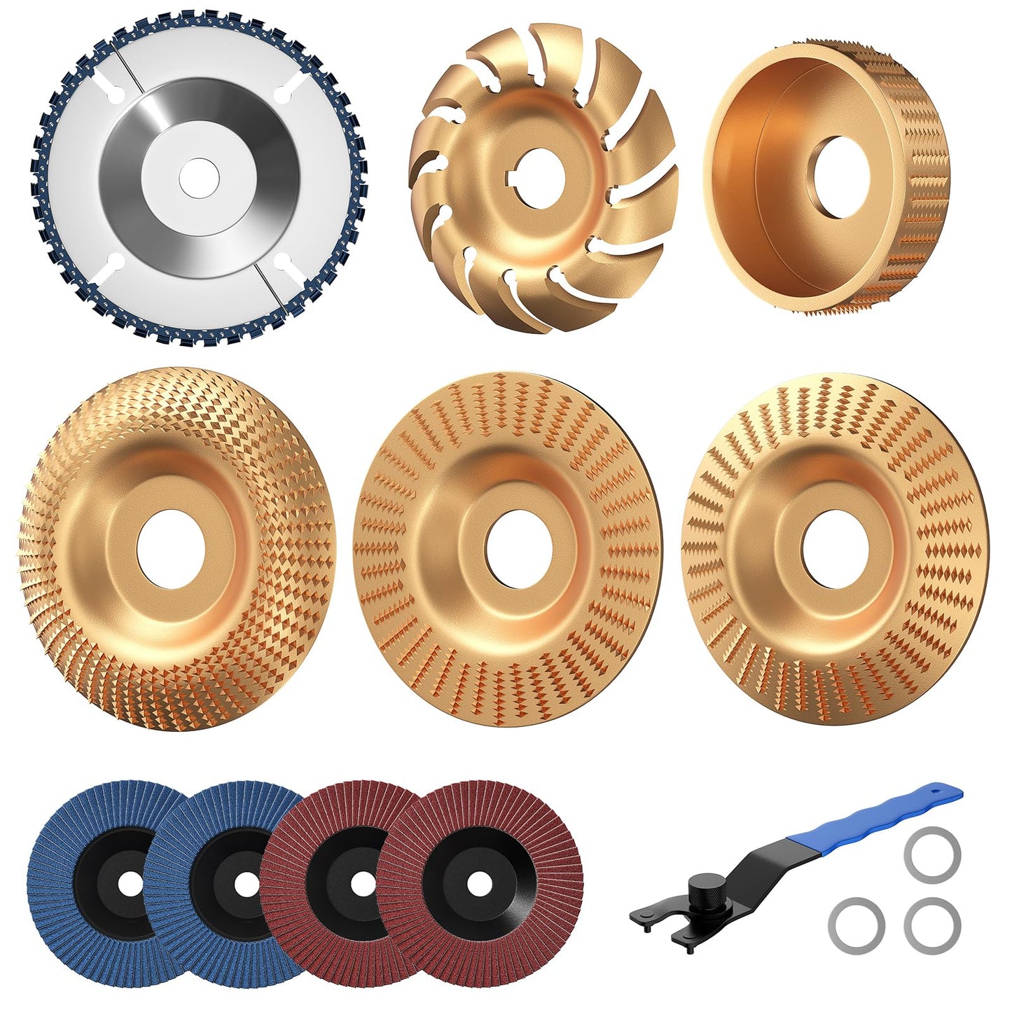 BURMONG 14PCS Wood Carving Disc Set for 4" & 4-1/2" Angle Grinder – Wood Cutting, Carving & Grinding Kit with Chainsaw Disc, Wood Shaping Discs, Flap Sanding Wheels, Adapter Rings & Wrench