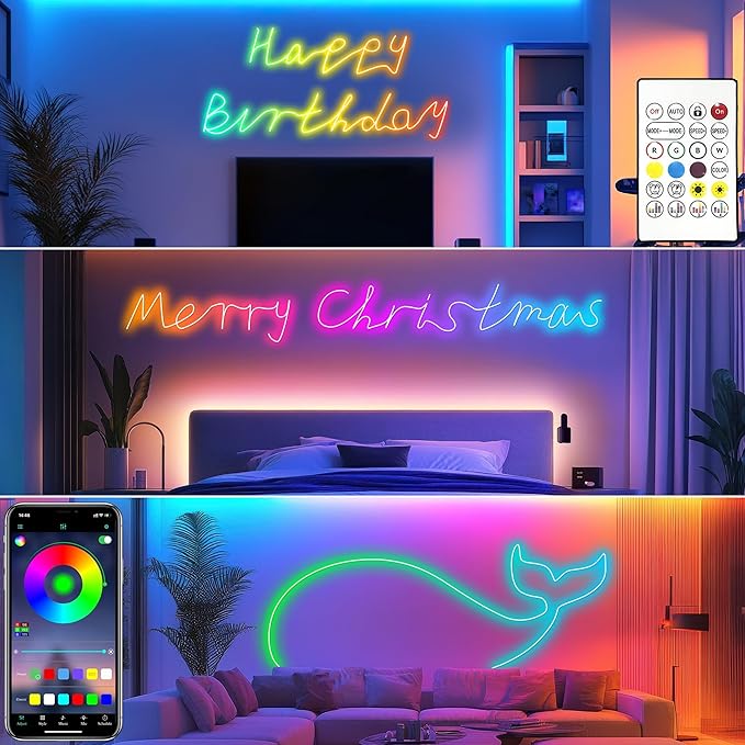 Cozylady 100Ft (50Ft * 2 Rolls) RGB LED Neon Rope Lights for Bedroom, 30m LED Strip Lamp with Double Sided Adhesive Tape, App/Remote Control DIY Lights Decorate The Outdoor and Indoor of Your Home
