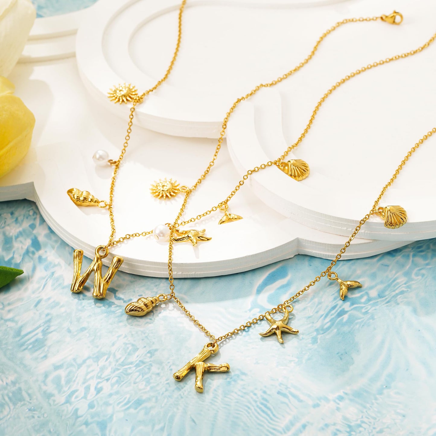 SLOONG Initial Charm Necklace 14K Gold Plated Letter Neckalce Freshwater Pearl Necklace Choker Boho Summer Seashell Beach Starfish Surfer Jewelry Gifts for Women V