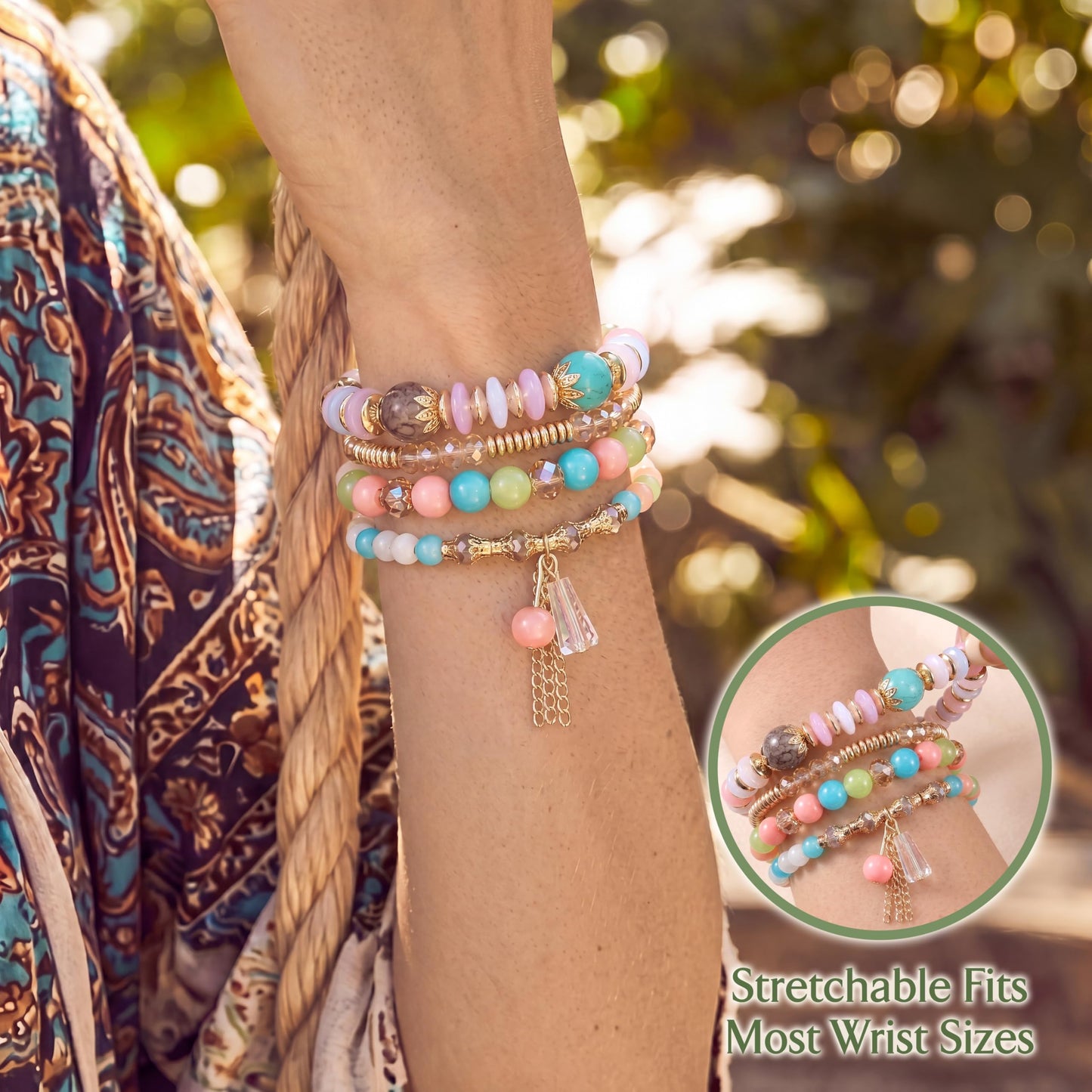 Tungary 4Pcs Beaded Bracelets for Women Bohemian Bracelet Stacks Handmade Natural Stone Stretch Bracelets Multi-Color Daily Wear Accessories Summer Beach Boho Jewelry Gift Blue Bracelet Set