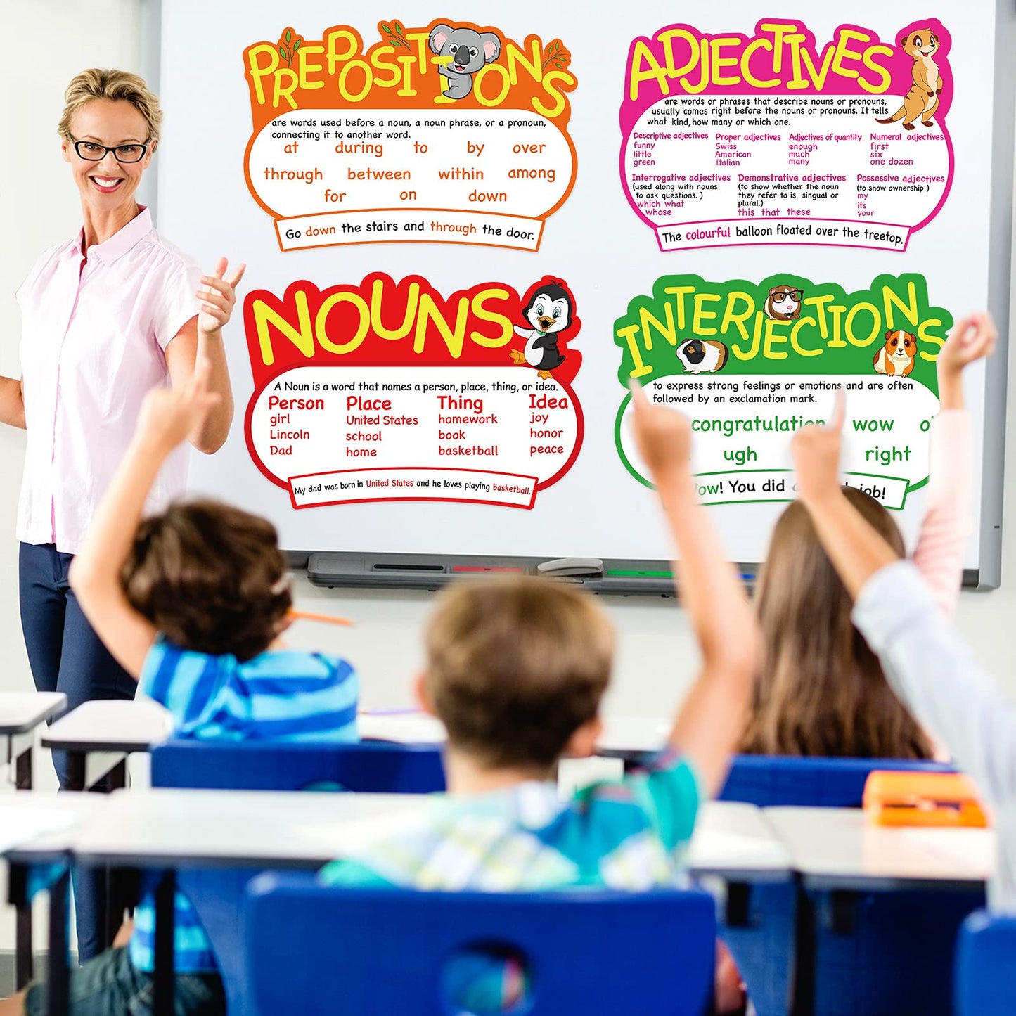 Outus 10 Pcs Parts of Speech Poster for Classroom Teachers (Bright, Animal)